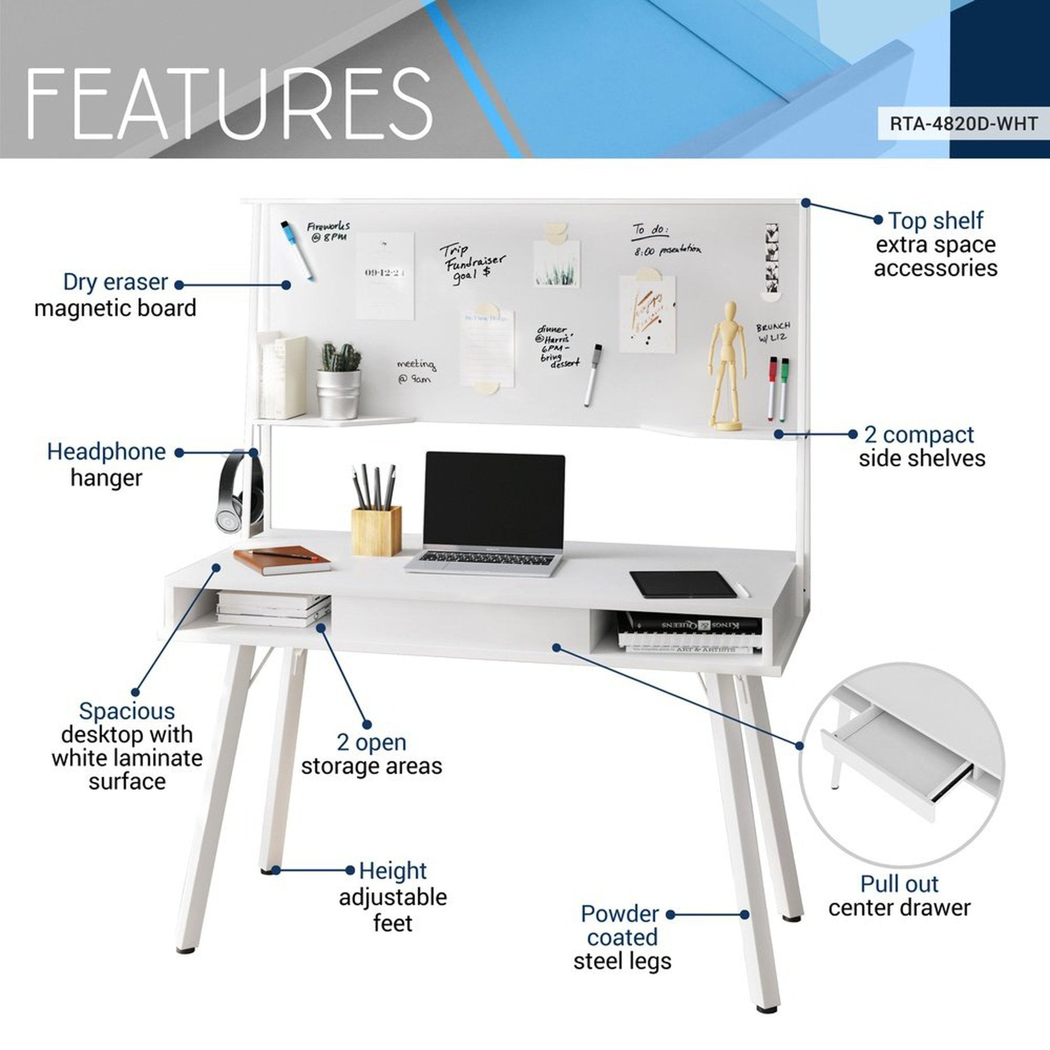 Techni Mobili Study Computer Desk with Storage & Magnetic Dry Erase White Board, White Techni Mobili Desks