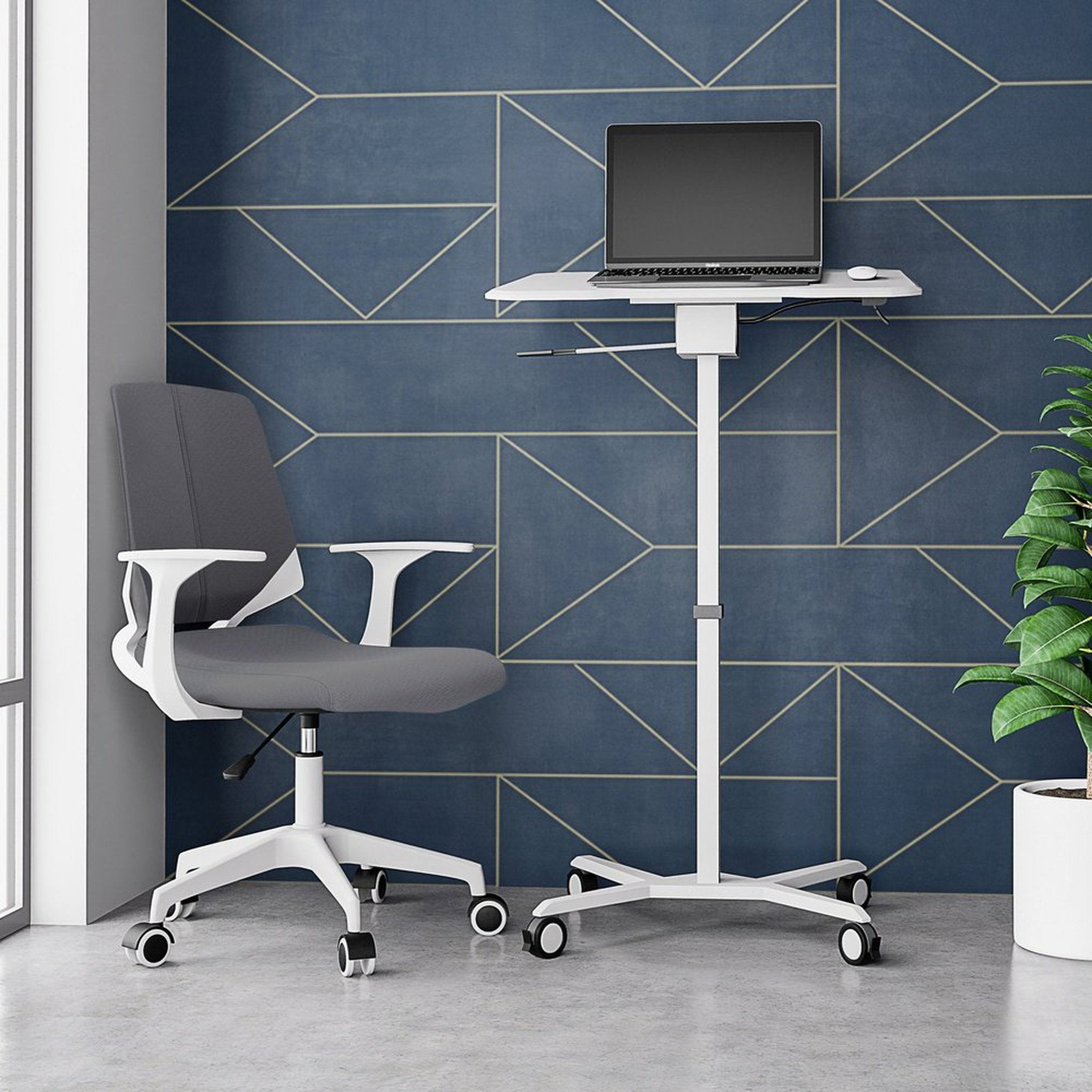 Techni Mobili White Sit to Stand Mobile Laptop Computer Stand with Height Adjustable and Tiltable Tabletop Techni Mobili