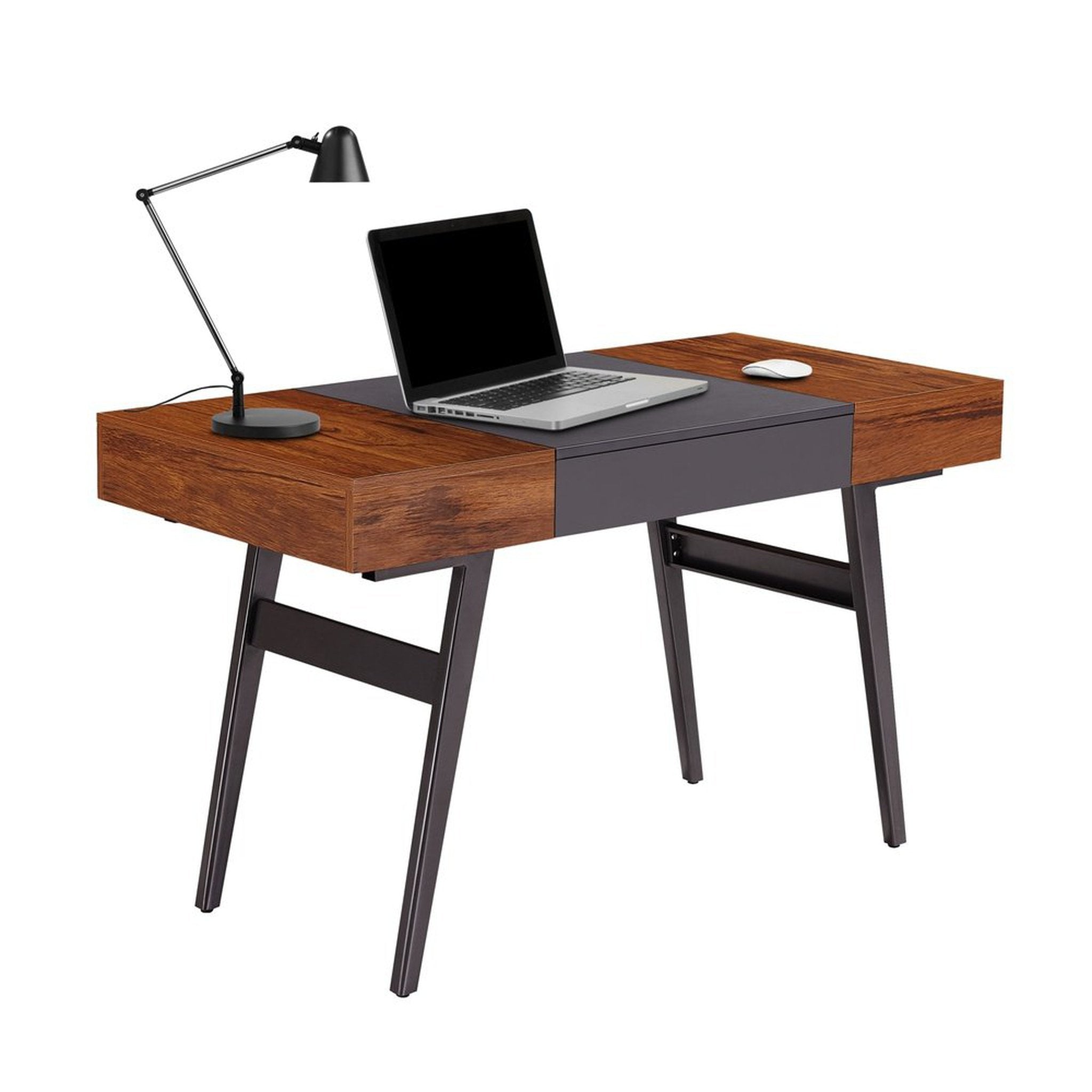 Techni Mobili Writing Desk - Dual Side & Pull-Out Front Drawer - Coated Grey Steel Frame - Mahogany Techni Mobili