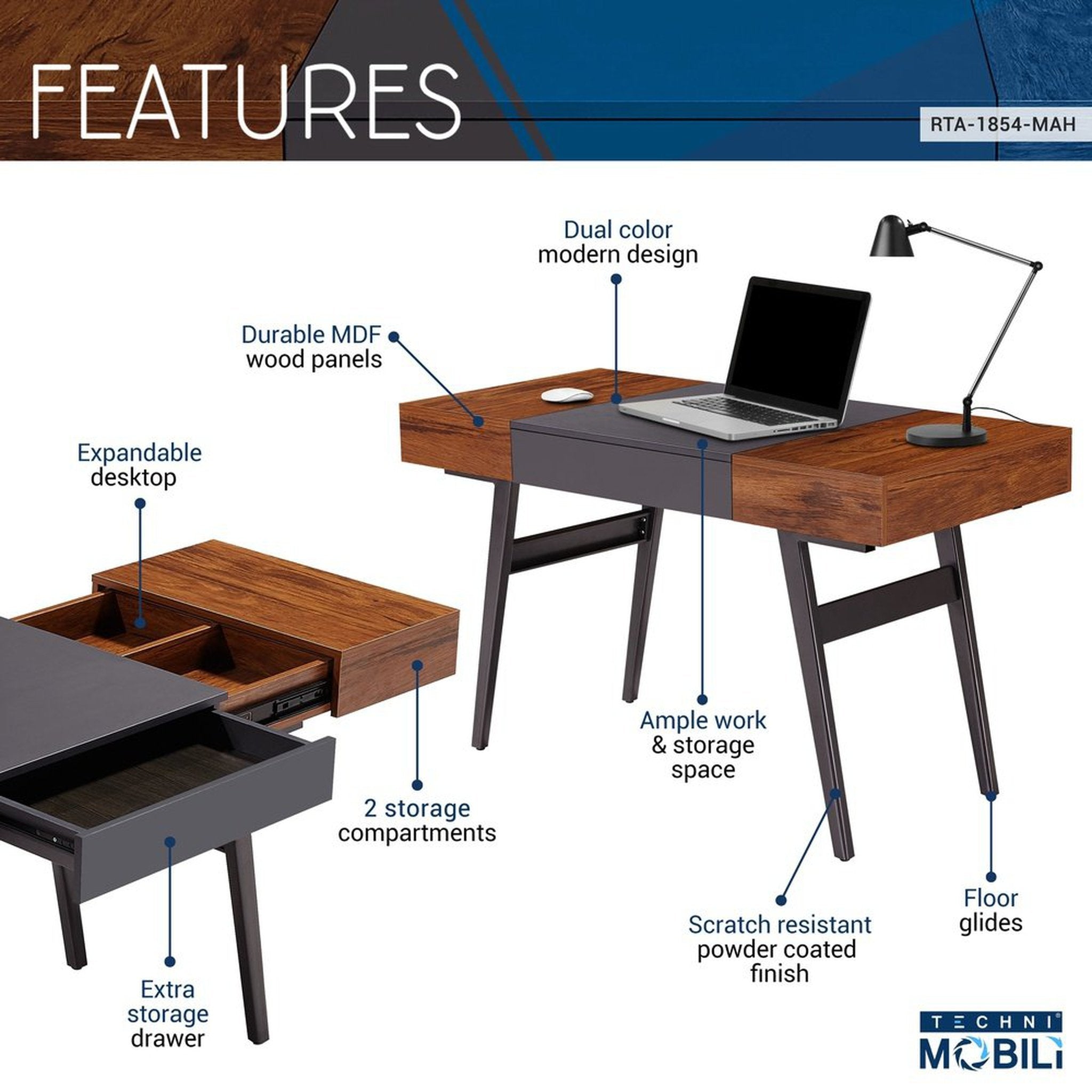 Techni Mobili Writing Desk - Dual Side & Pull-Out Front Drawer - Coated Grey Steel Frame - Mahogany Techni Mobili