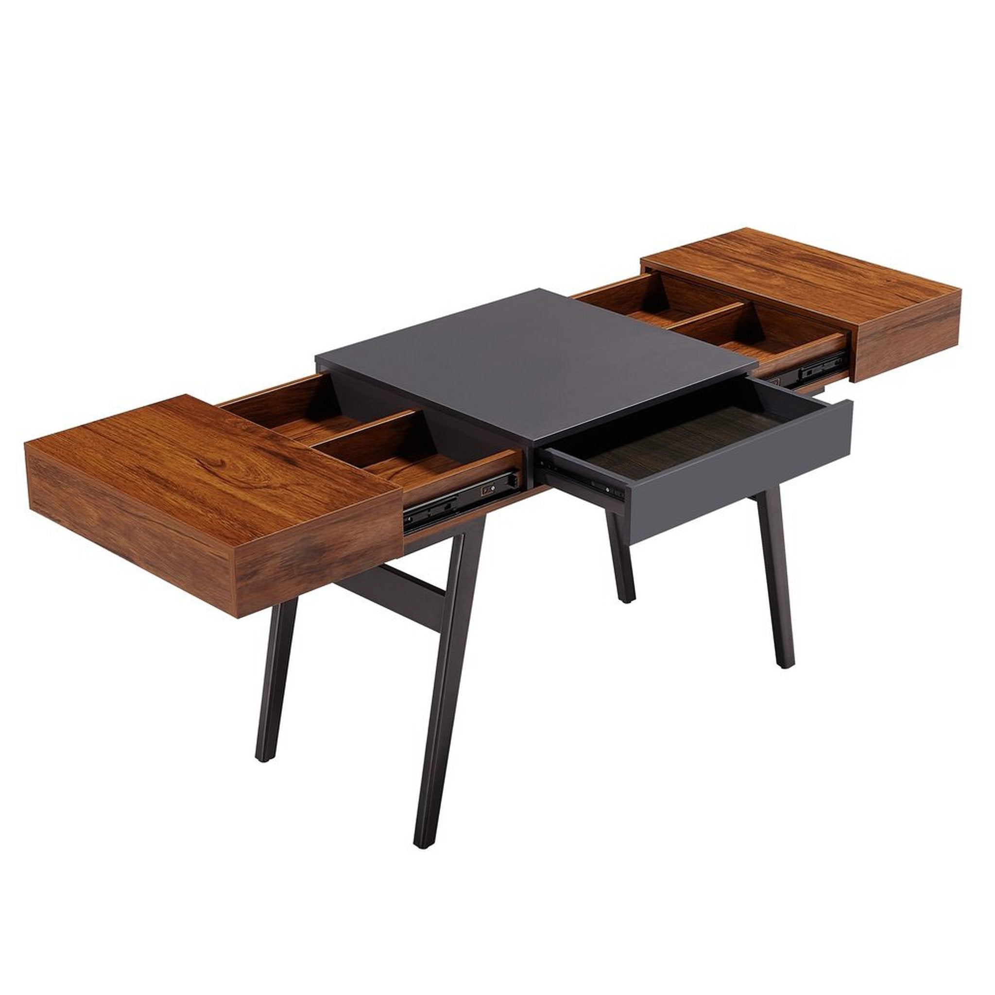 Techni Mobili Writing Desk - Dual Side & Pull-Out Front Drawer - Coated Grey Steel Frame - Mahogany Techni Mobili