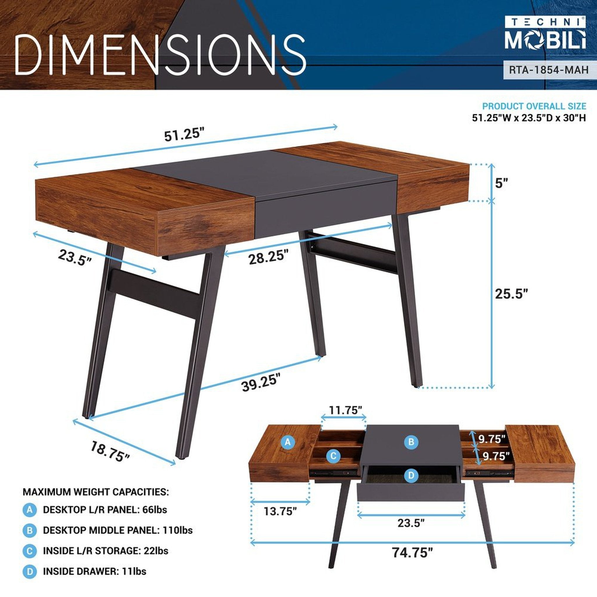 Techni Mobili Writing Desk - Dual Side & Pull-Out Front Drawer - Coated Grey Steel Frame - Mahogany Techni Mobili