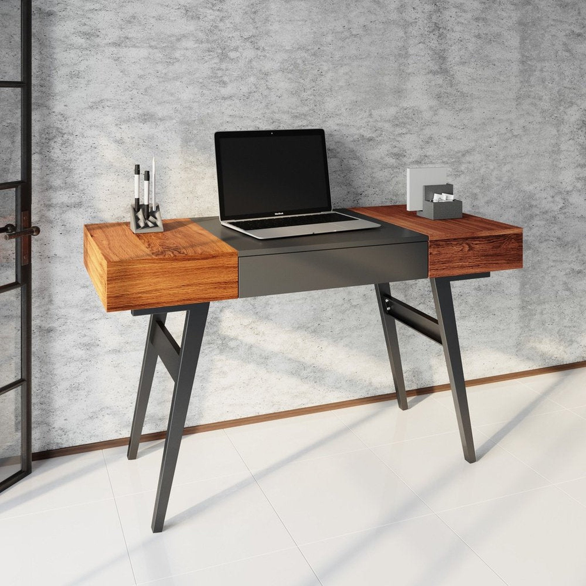 Techni Mobili Writing Desk - Dual Side & Pull-Out Front Drawer - Coated Grey Steel Frame - Mahogany Techni Mobili