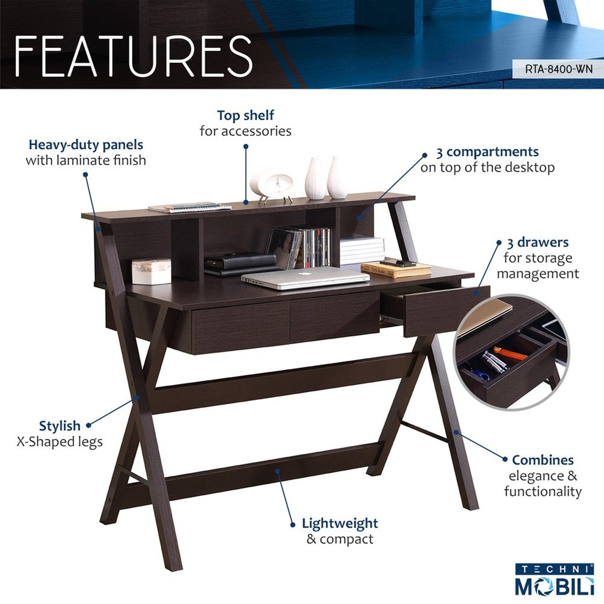 Techni Mobili Writing Desk with Storage, Wenge Techni Mobili