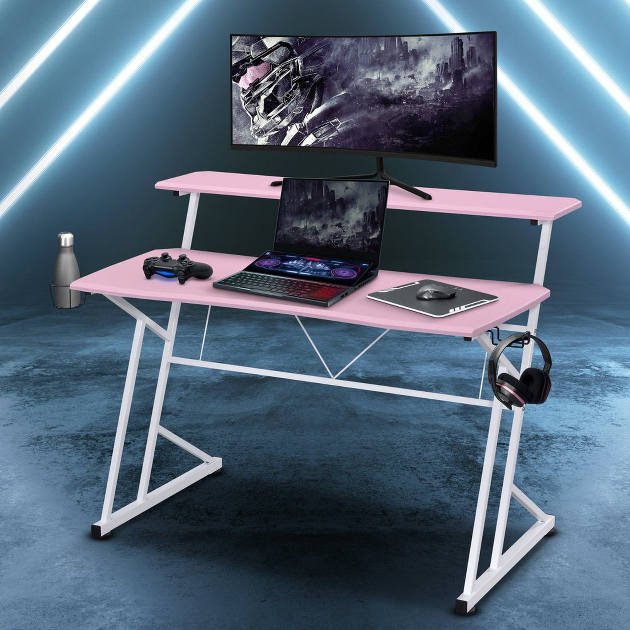Techni Sport Computer Gaming Desk with Shelves - Pink Techni Sport Gaming Desk