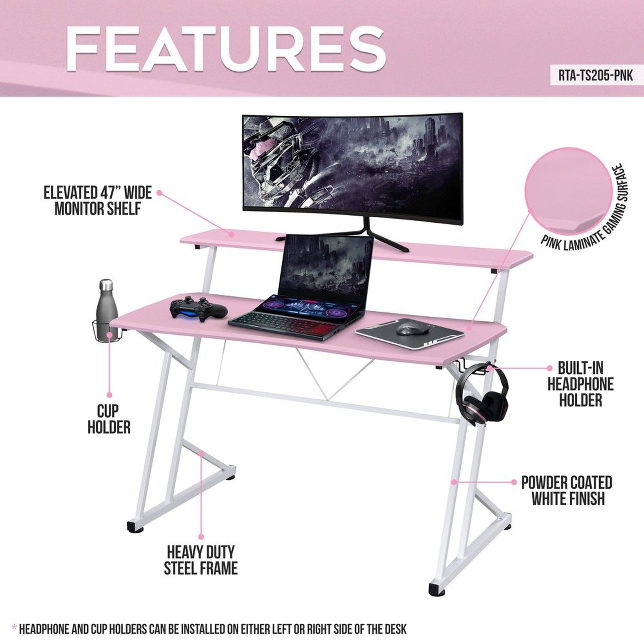 Techni Sport Computer Gaming Desk with Shelves - Pink Techni Sport Gaming Desk