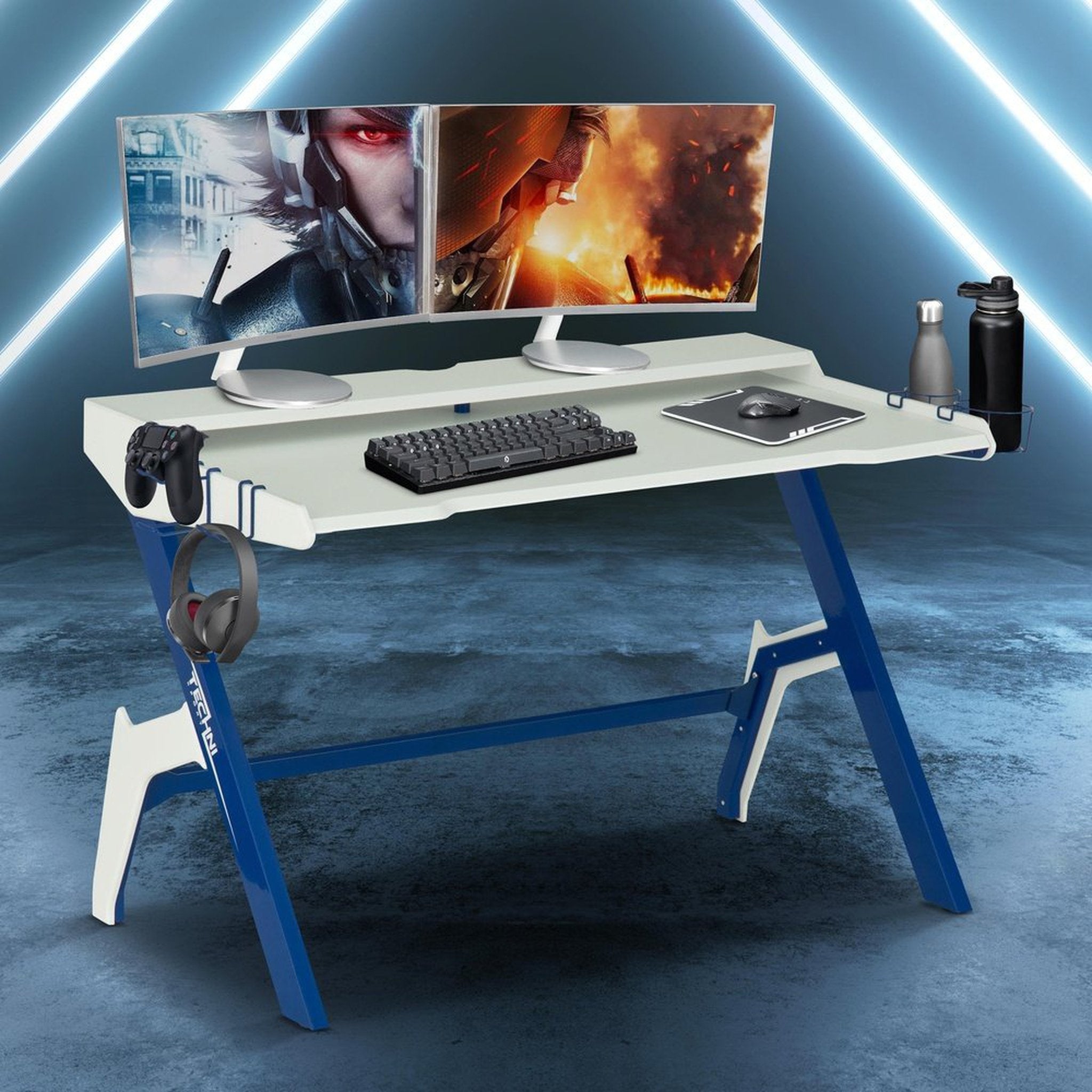 Techni Sport Ergonomic Computer Gaming Desk Workstation with Cupholder & Headphone Hook, Blue Techni Sport Gaming Desk