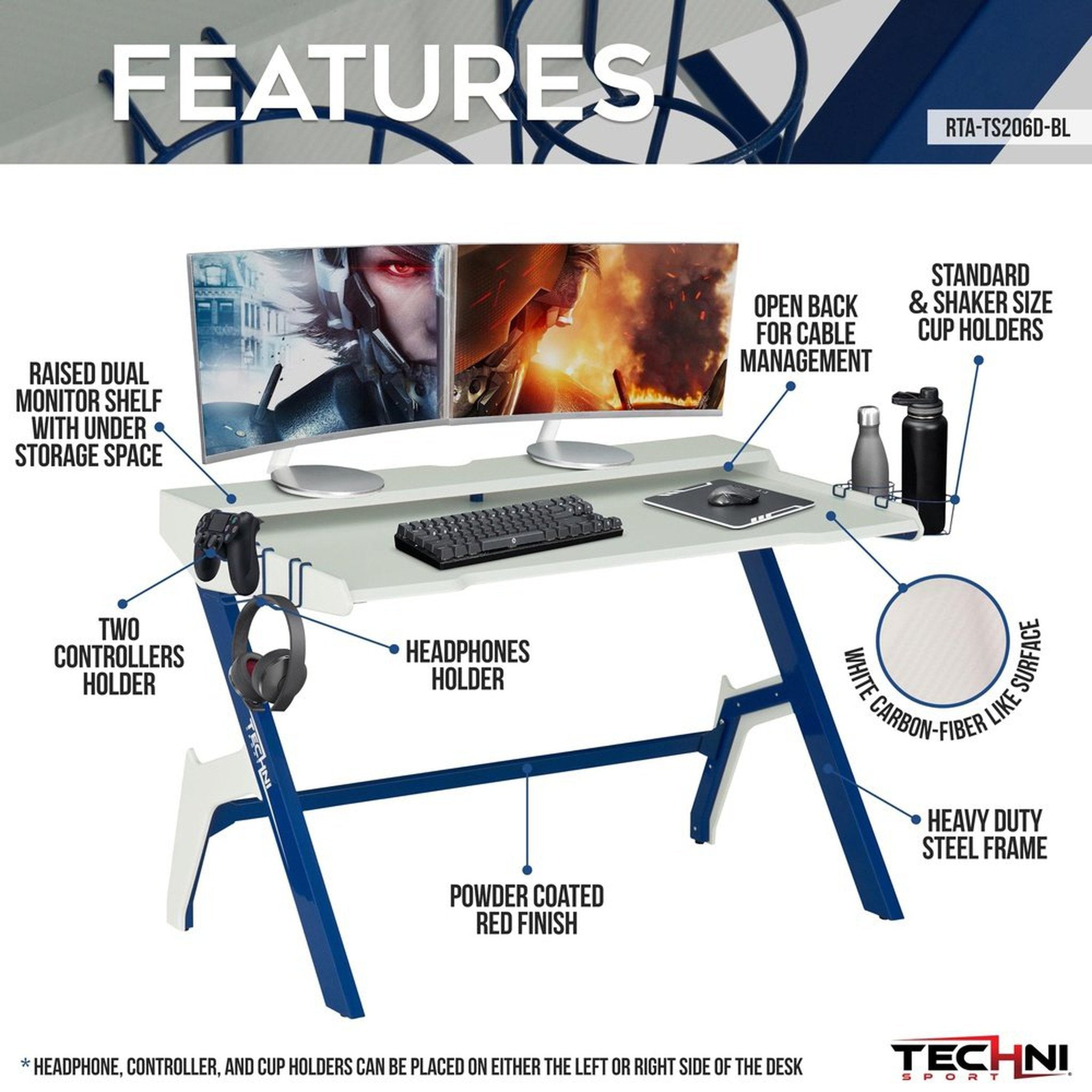Techni Sport Ergonomic Computer Gaming Desk Workstation with Cupholder & Headphone Hook, Blue Techni Sport Gaming Desk