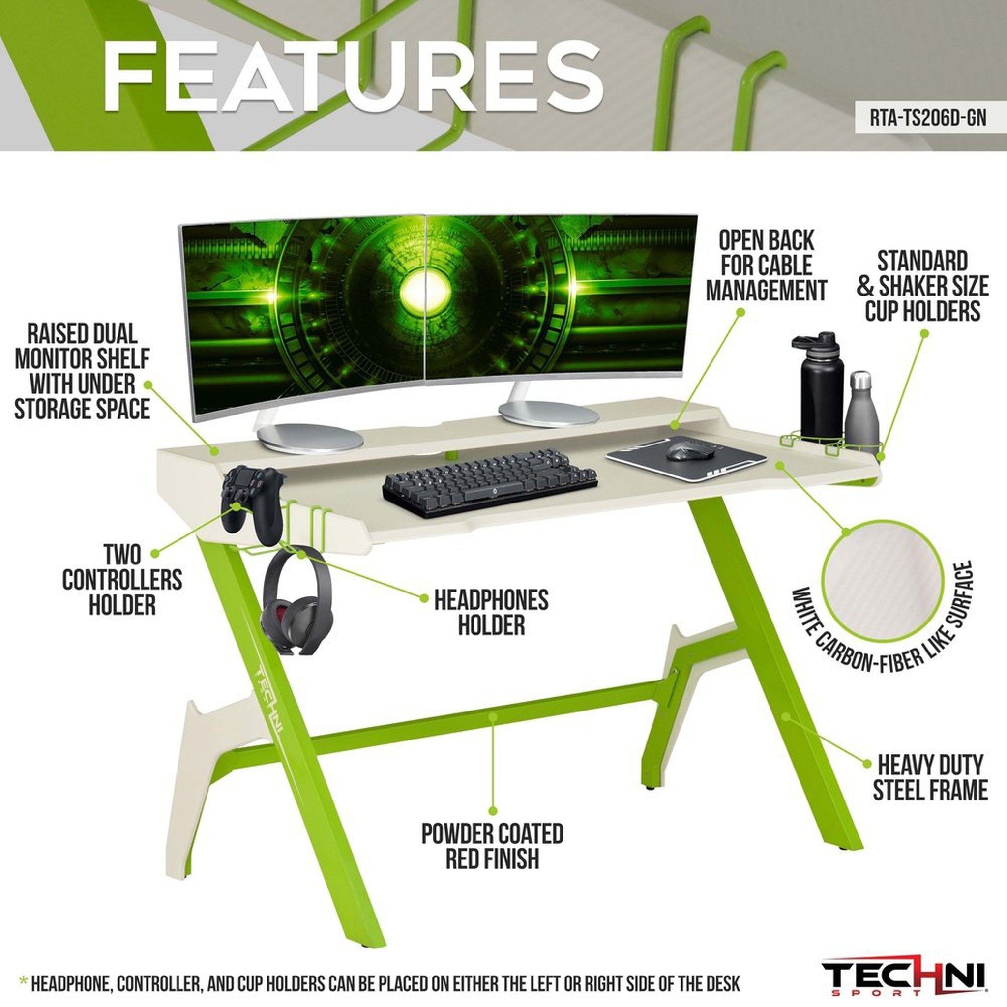 Techni Sport Ergonomic Computer Gaming Desk Workstation with Cupholder & Headphone Hook, Green Techni Sport Gaming Desk
