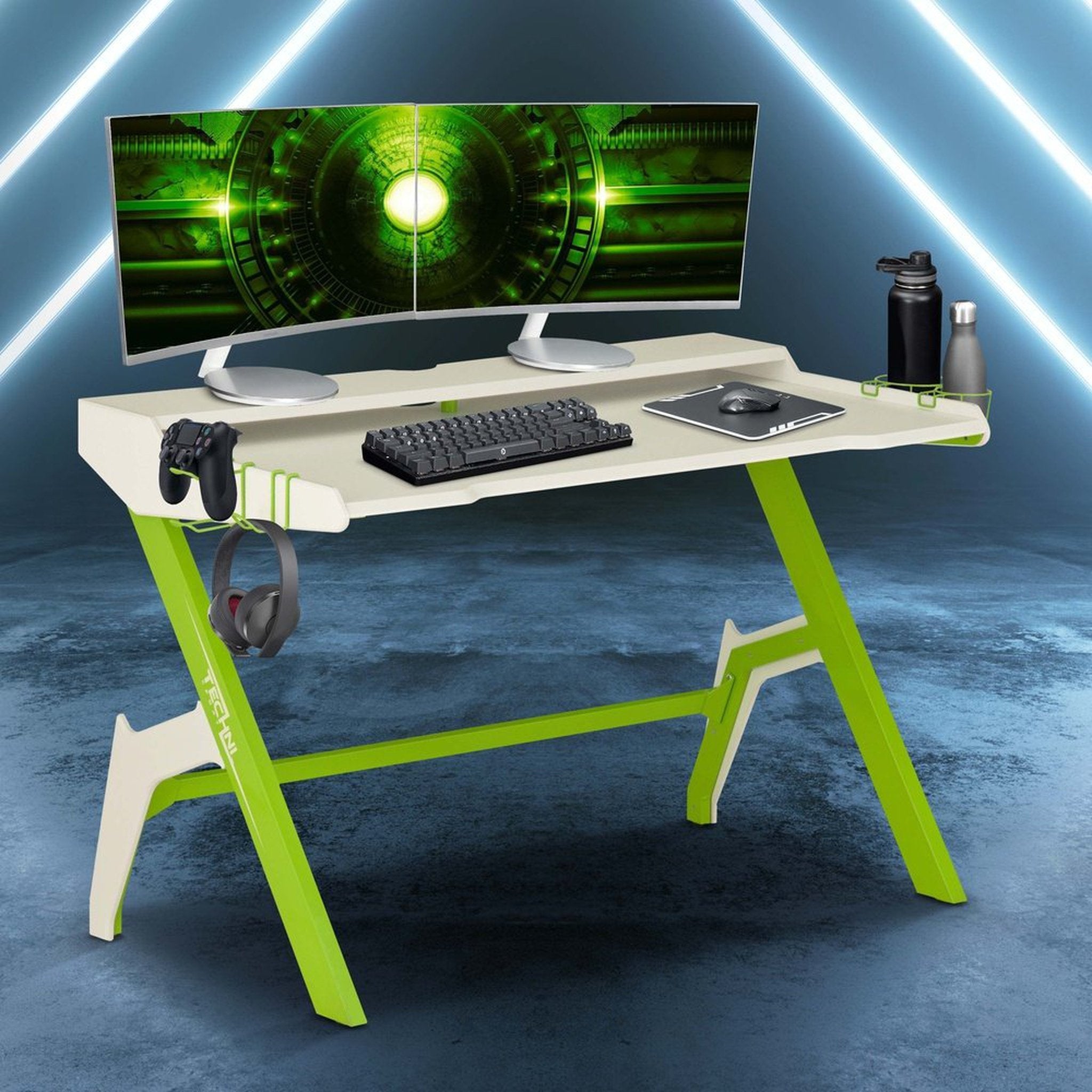 Techni Sport Ergonomic Computer Gaming Desk Workstation with Cupholder & Headphone Hook, Green Techni Sport Gaming Desk