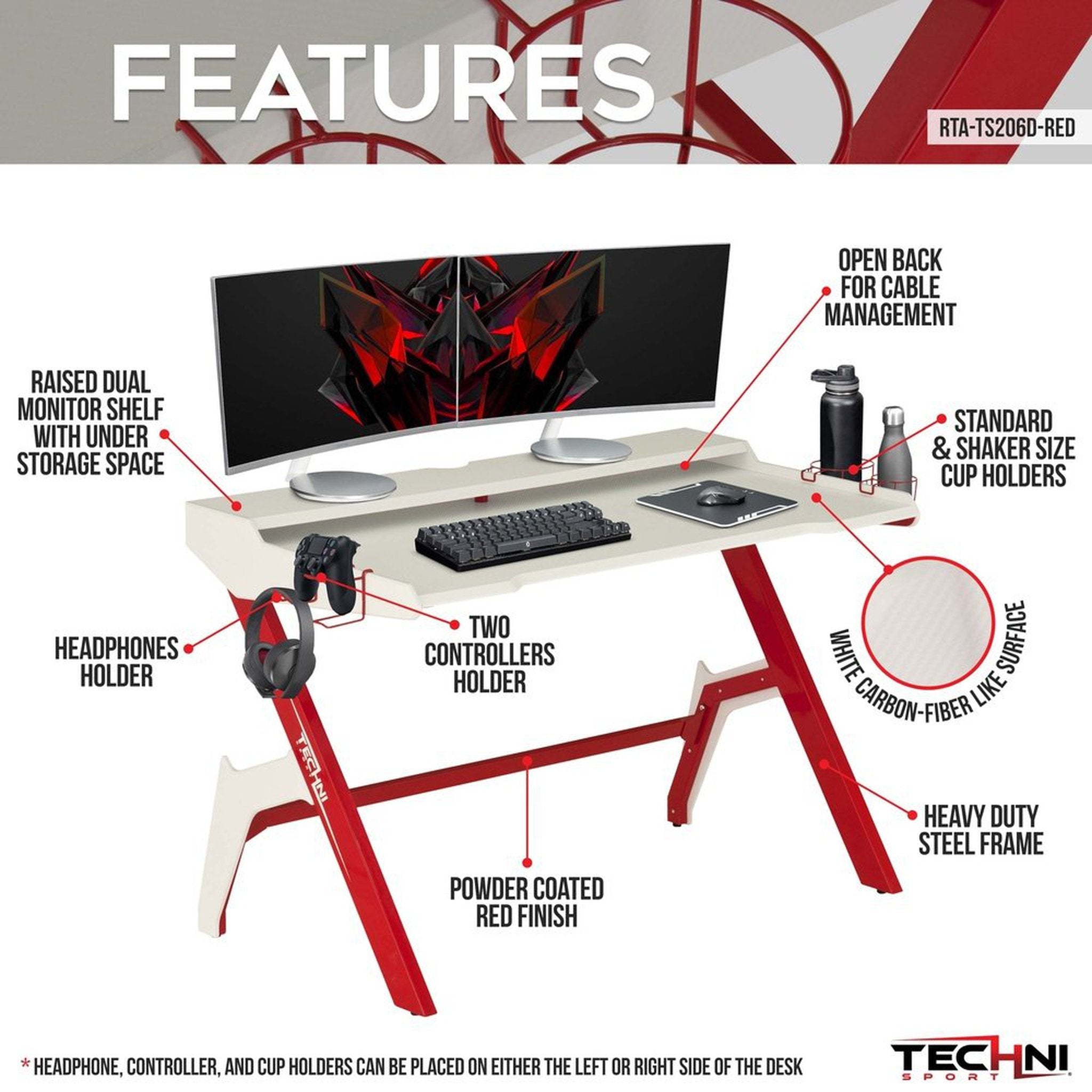Techni Sport Ergonomic Computer Gaming Desk Workstation with Cupholder & Headphone Hook, Red Techni Sport Gaming Desk