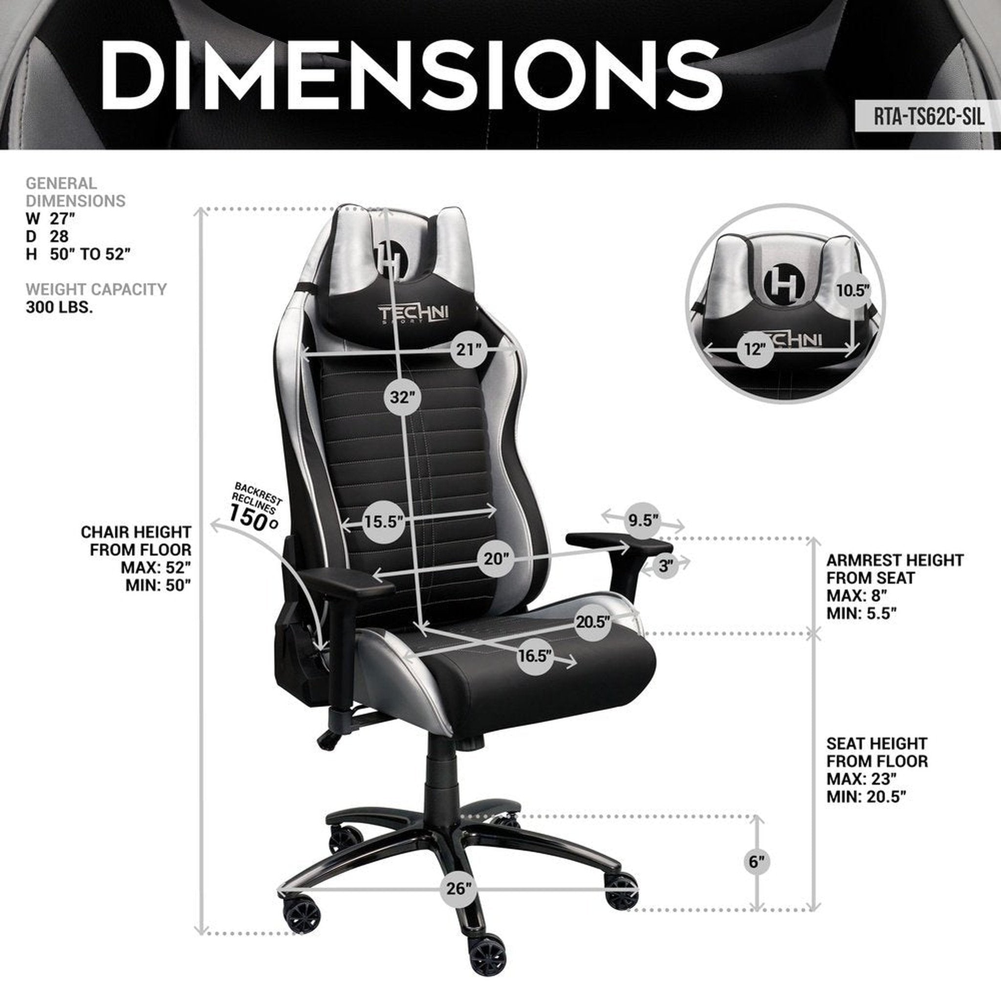 Techni Sport Ergonomic Racing Style Gaming Chair - Silver Techni Sport Gaming Chairs