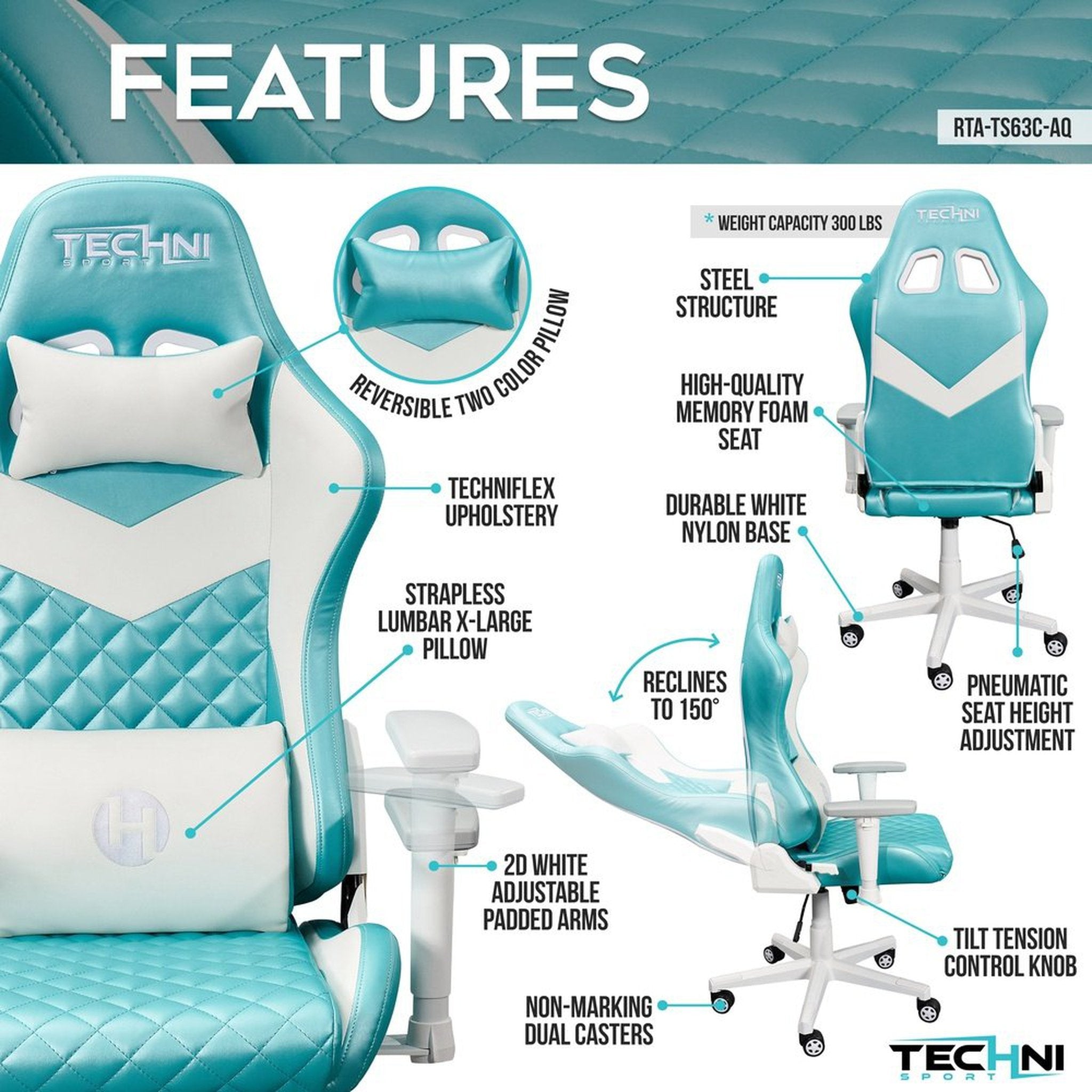 Techni Sport TS63C Aqua LUXX Series Gaming Chair High Back Ergonomic Techni Sport Gaming Chairs