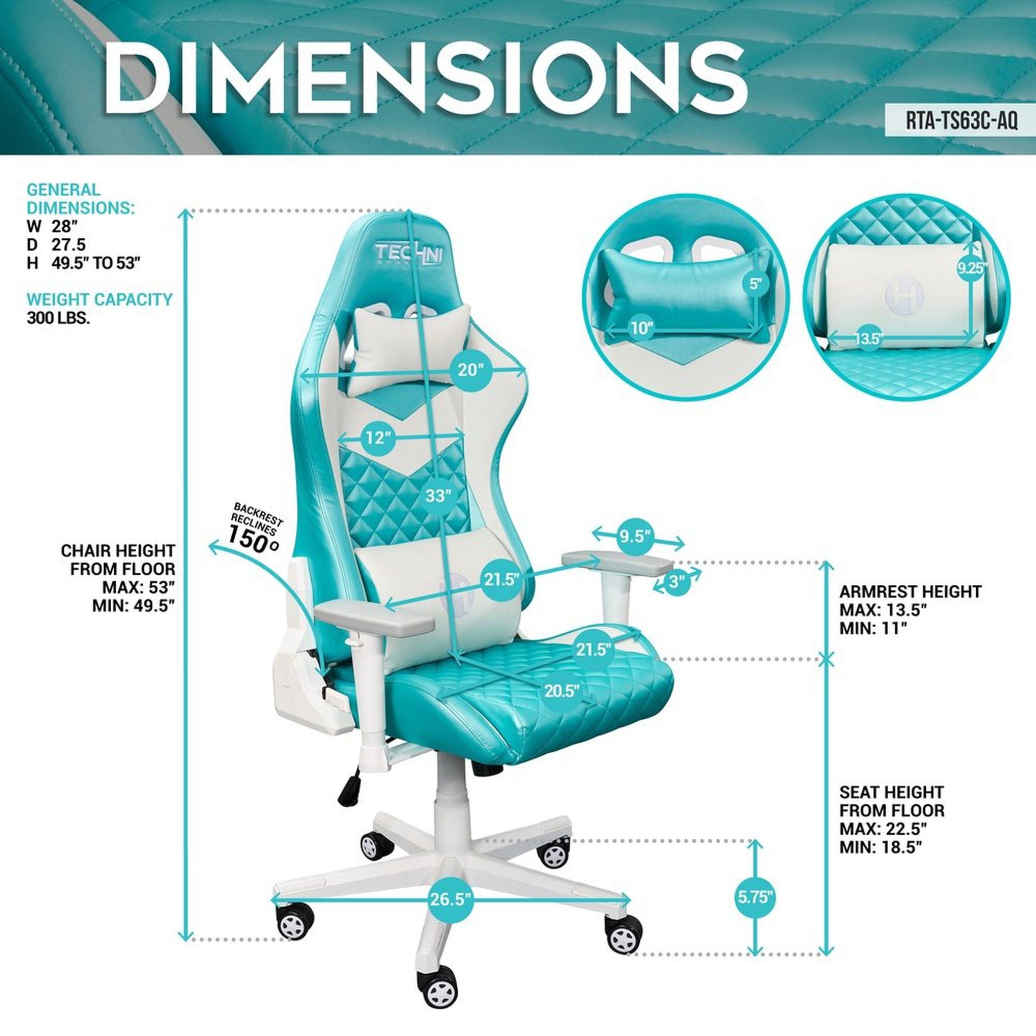 Techni Sport TS63C Aqua LUXX Series Gaming Chair High Back Ergonomic Techni Sport Gaming Chairs