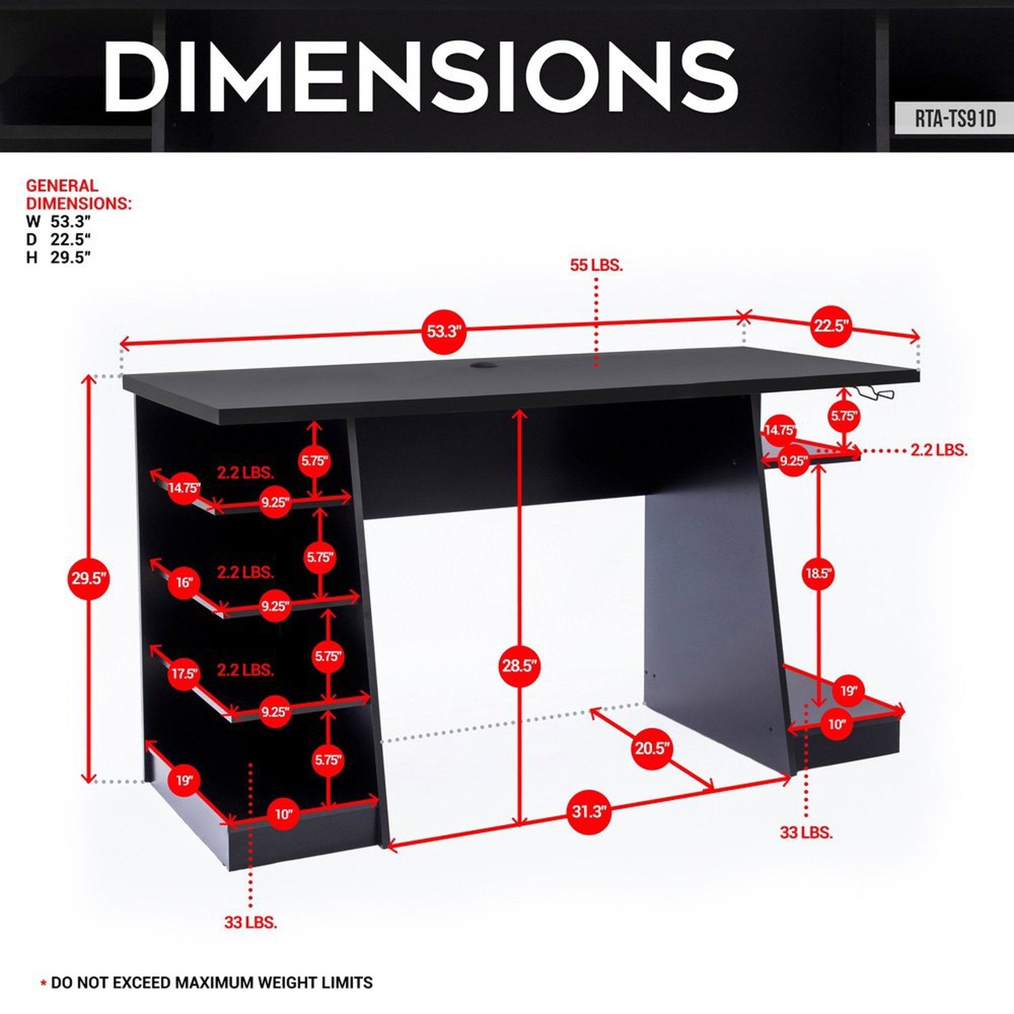 Techni Sport Jango Gaming Desk with Storage, Black Techni Sport Gaming Desk