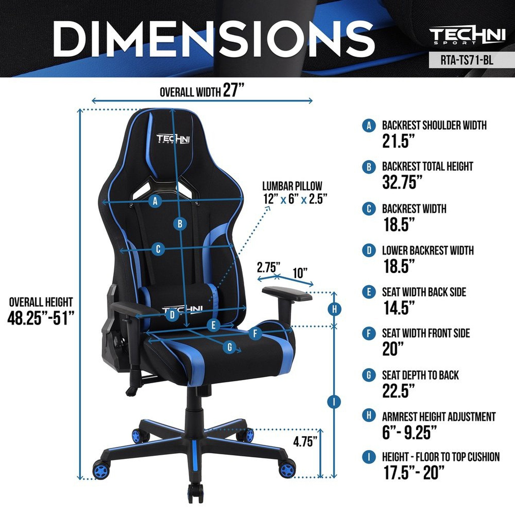 Techni Sport TSF-71 Fabric Office-PC Gaming Chair, Blue Techni Sport Gaming Chairs