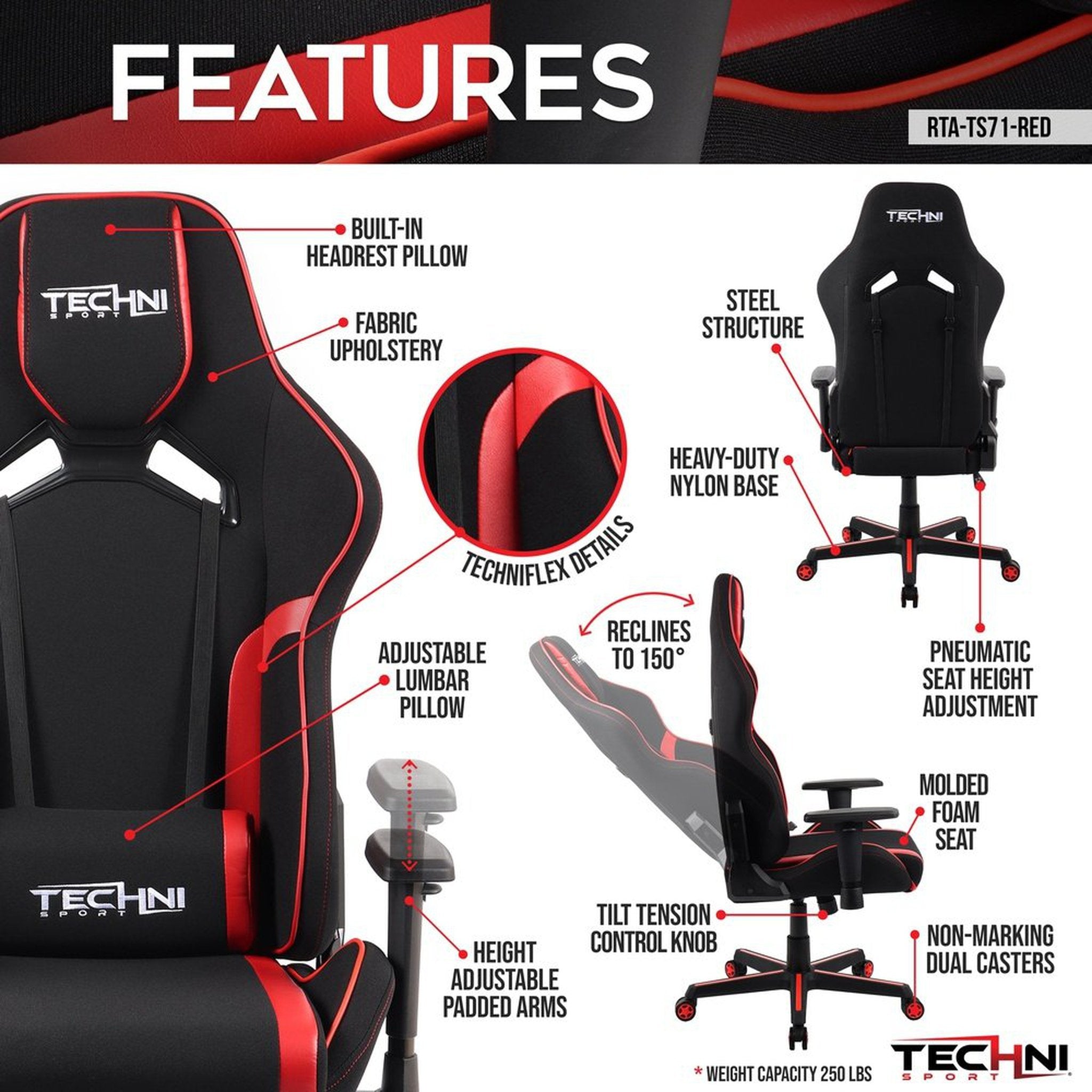 Techni Sport TSF-71 Fabric and PU Office-PC Gaming Chair,Red Techni Sport Gaming Chairs