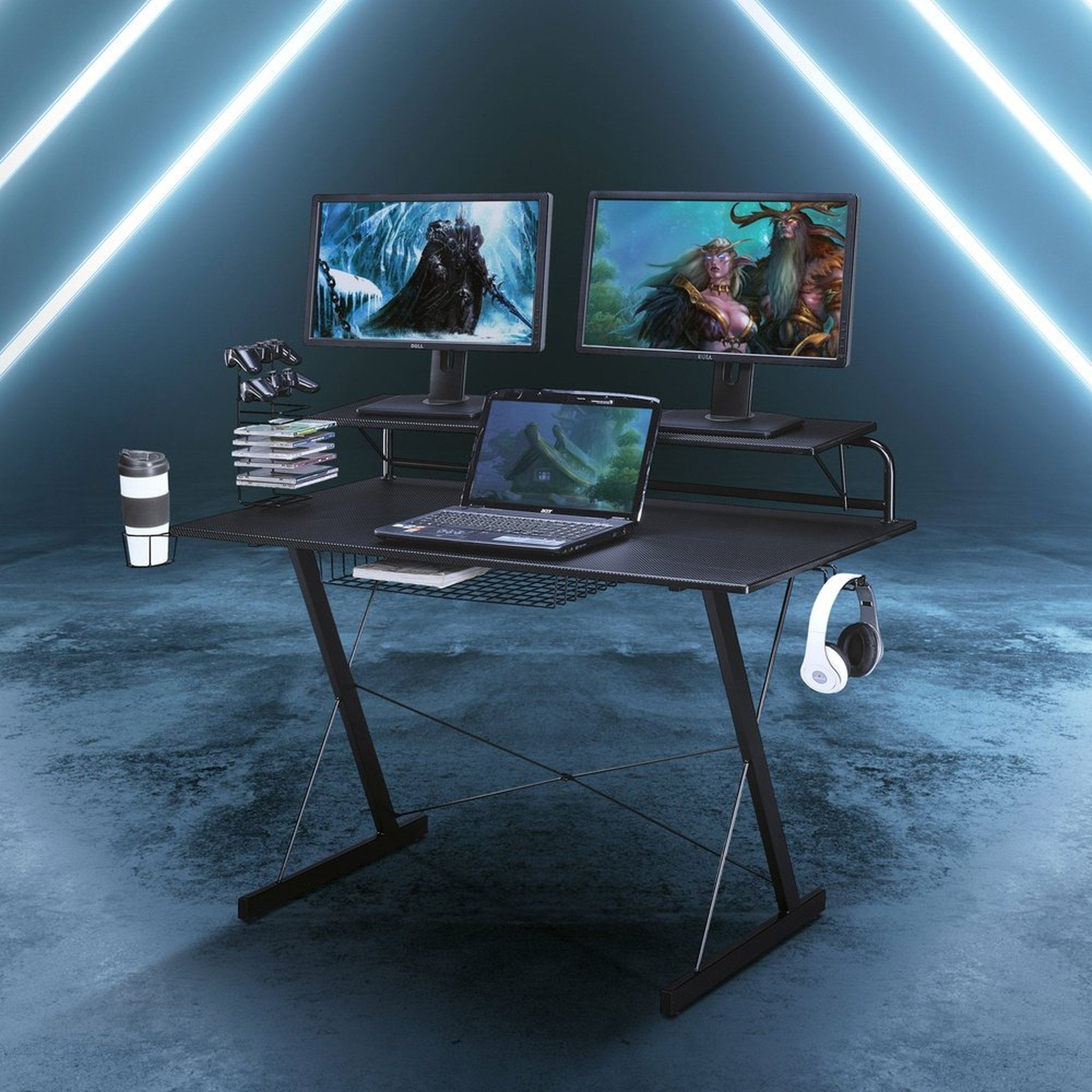 Techni Sport TS-200 Carbon Computer Gaming Desk with Shelving, Black Techni Sport Gaming Desk