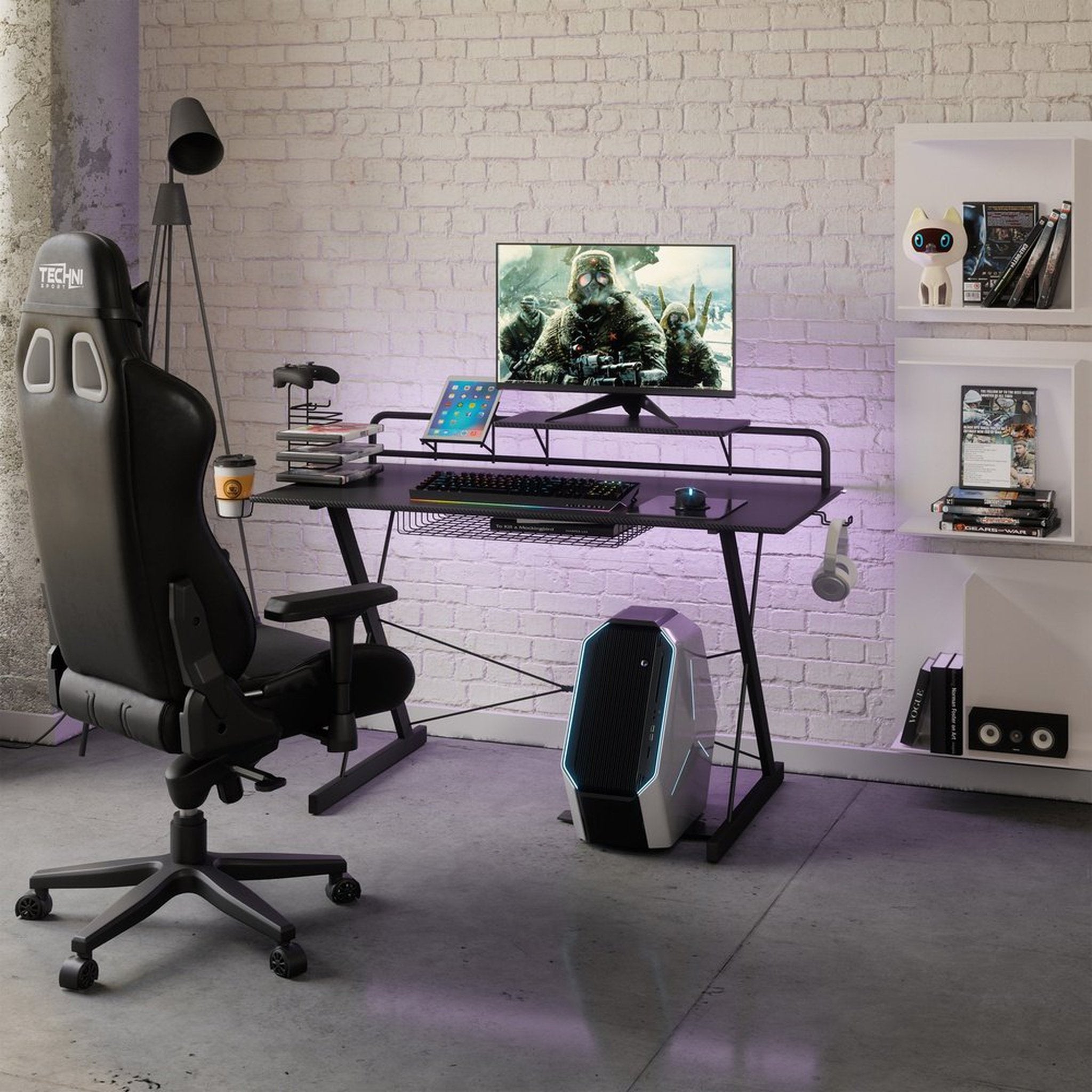 Techni Sport TS-200 Carbon Computer Gaming Desk with Shelving, Black Techni Sport Gaming Desk
