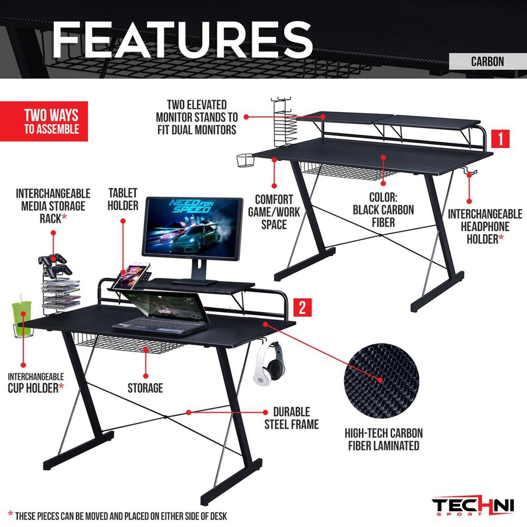 Techni Sport TS-200 Carbon Computer Gaming Desk with Shelving, Black Techni Sport Gaming Desk