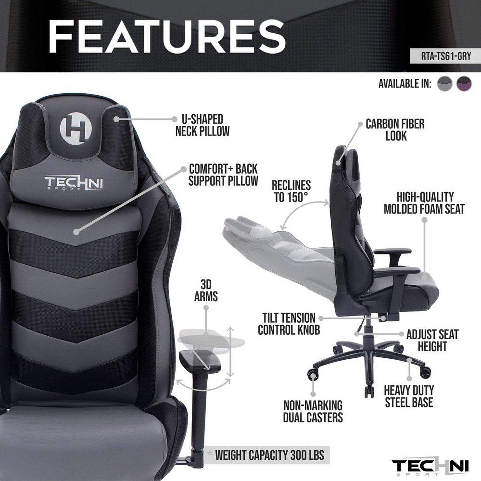 Techni Sport TS-61 Ergonomic High Back Racer Style Video Gaming Chair, Grey/Black Techni Sport Gaming Chairs
