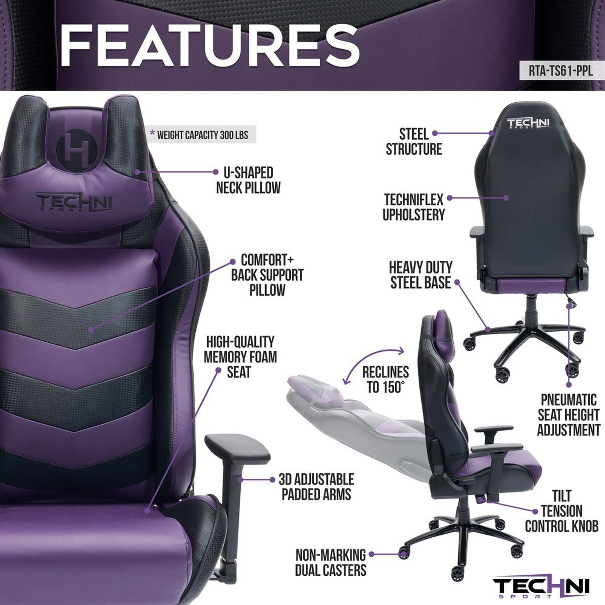 Techni Sport TS-61 Ergonomic High Back Racer Style Video Gaming Chair, Purple/Black Techni Sport Gaming Chairs