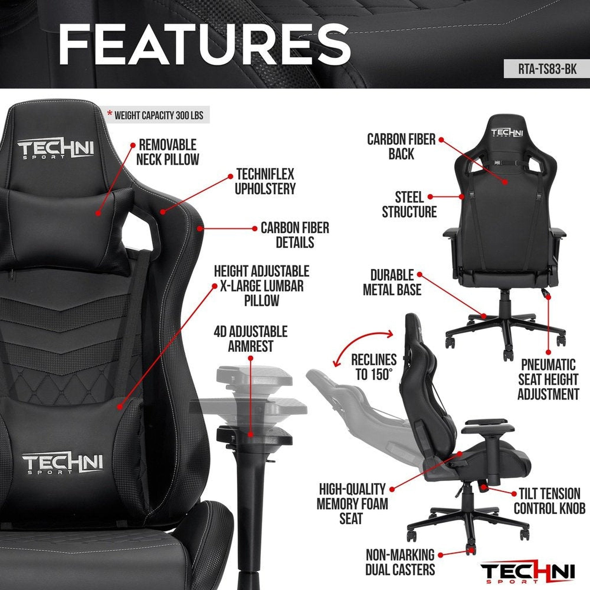 Techni Sport TS-83 Ergonomic High Back Racer Style PC Gaming Chair, Black Techni Sport Gaming Chairs