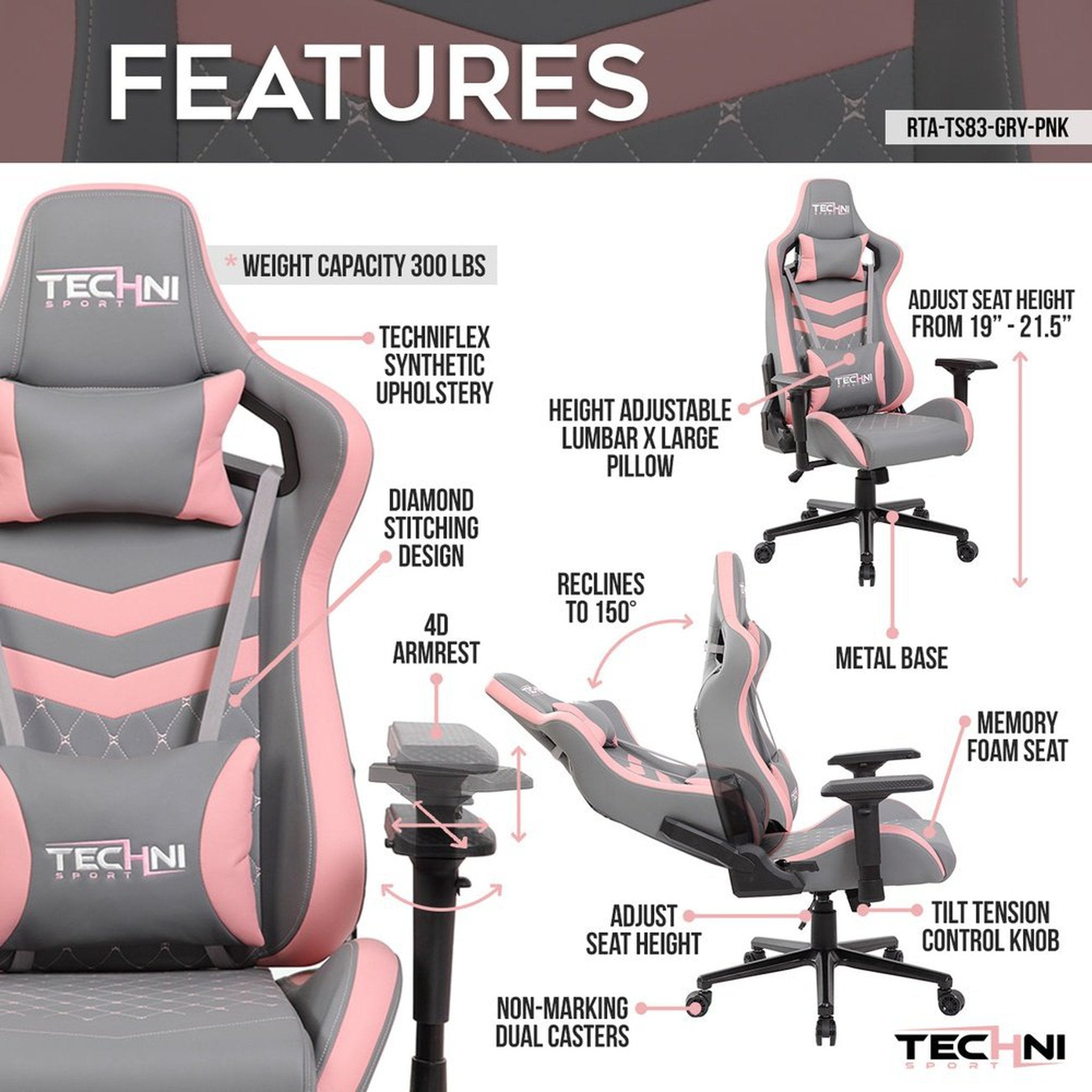 Techni Sport TS83 GameMaster Series Pink/Grey Gaming Chair High Back Racer Style Techni Sport Gaming Chairs