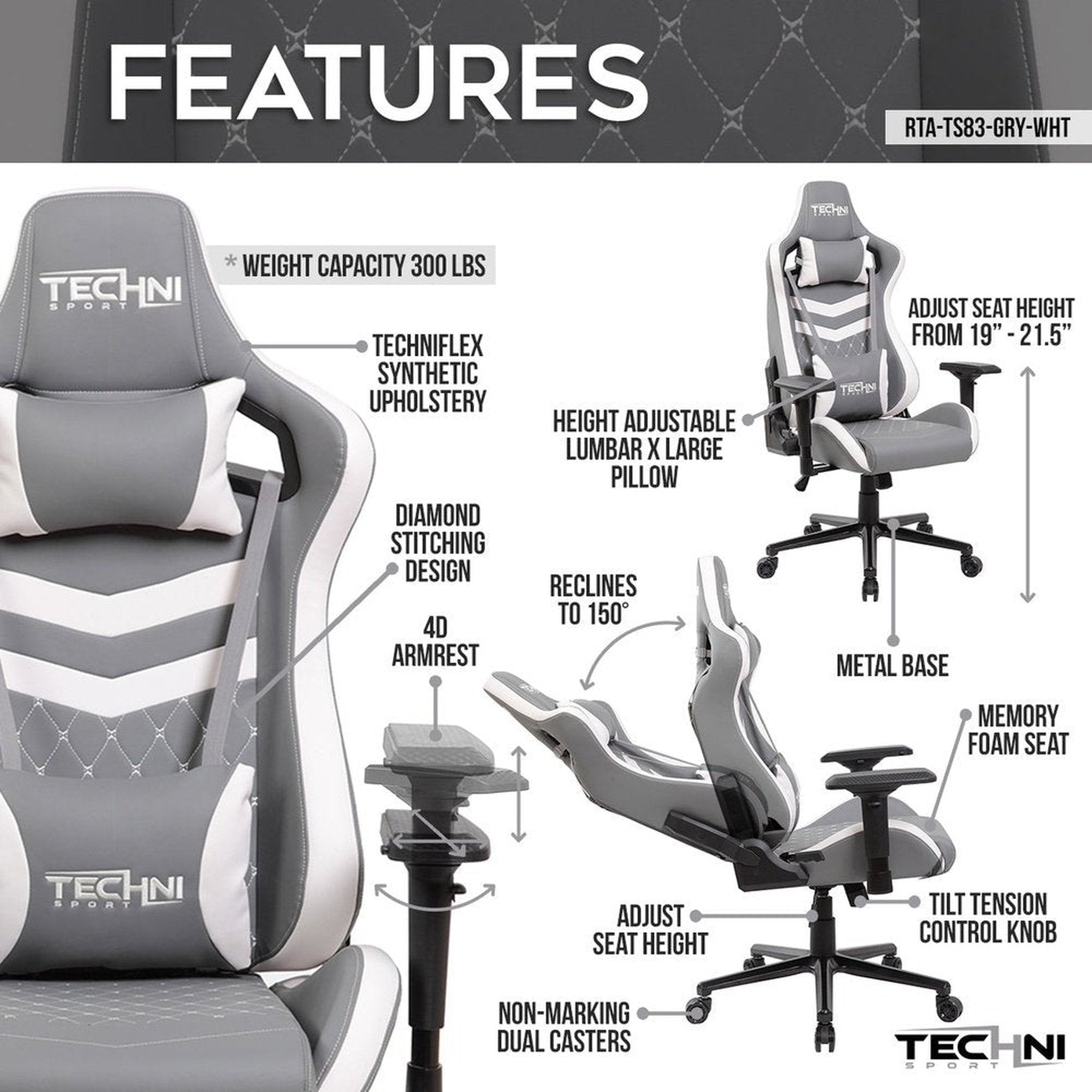 Techni Sport TS-83 Ergonomic High Back Racer Style PC Gaming Chair, Grey/White Techni Sport Gaming Chairs