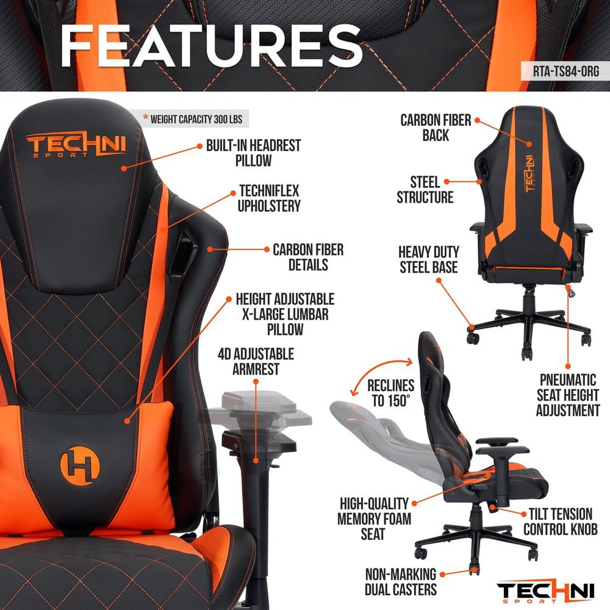 Techni Sport TS84 Orange GameMaster Series Gaming Chair Ergonomic High Back Racer Style PC Techni Sport Gaming Chairs