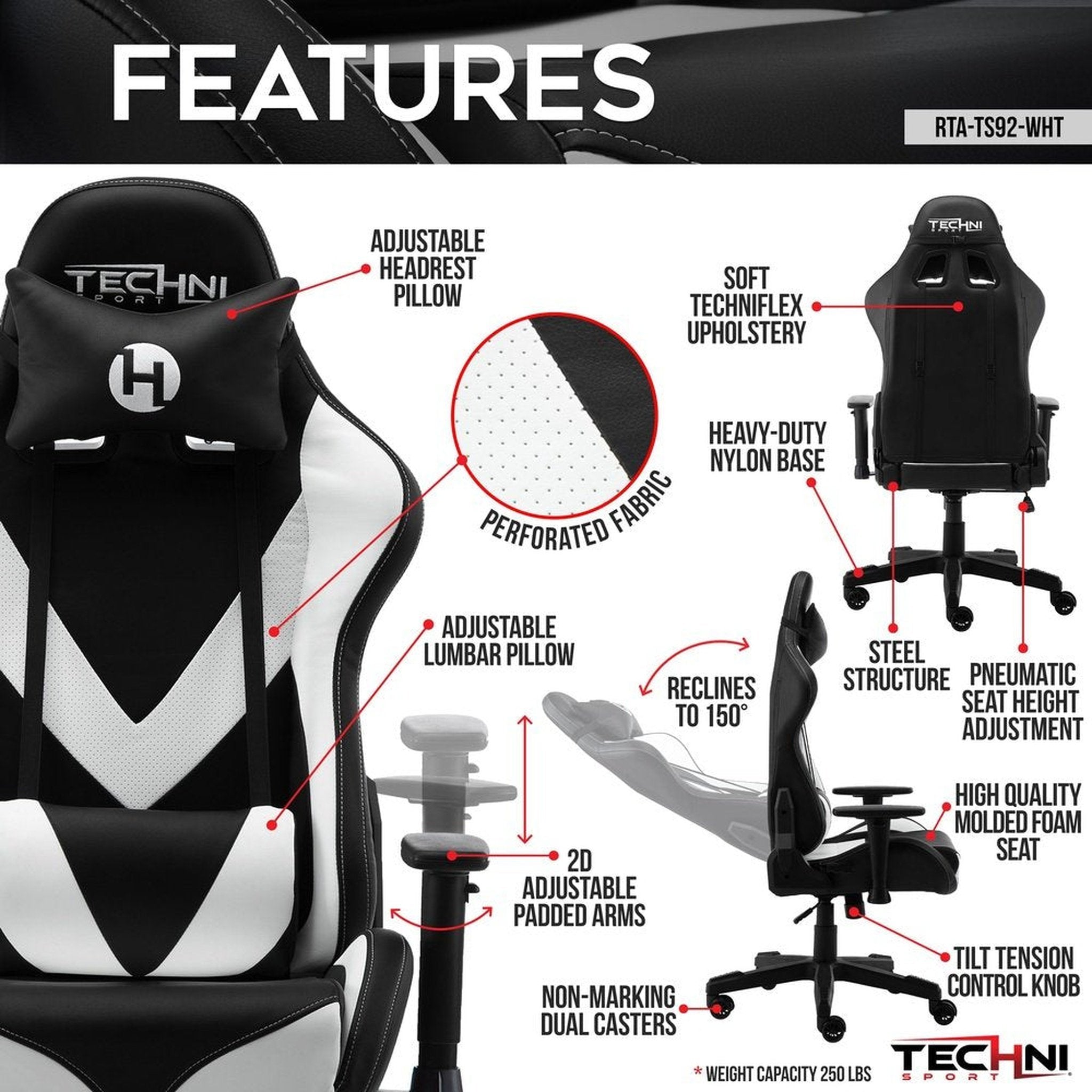 Techni Sport TS-92 Office-PC Gaming Chai, White Techni Sport Gaming Chairs