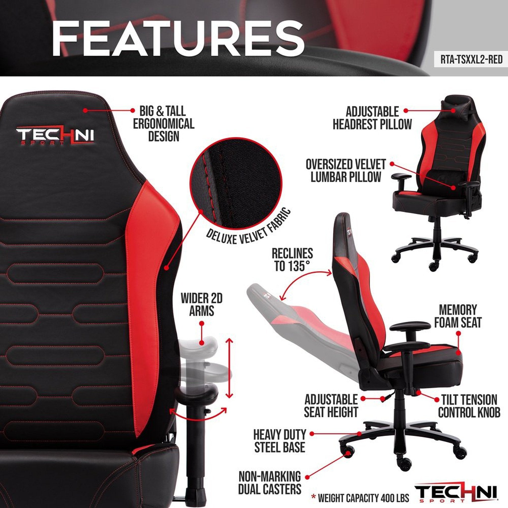Techni Sport TS-XXL2 Office-PC XXL Gaming Chair, Red Techni Sport Gaming Chairs