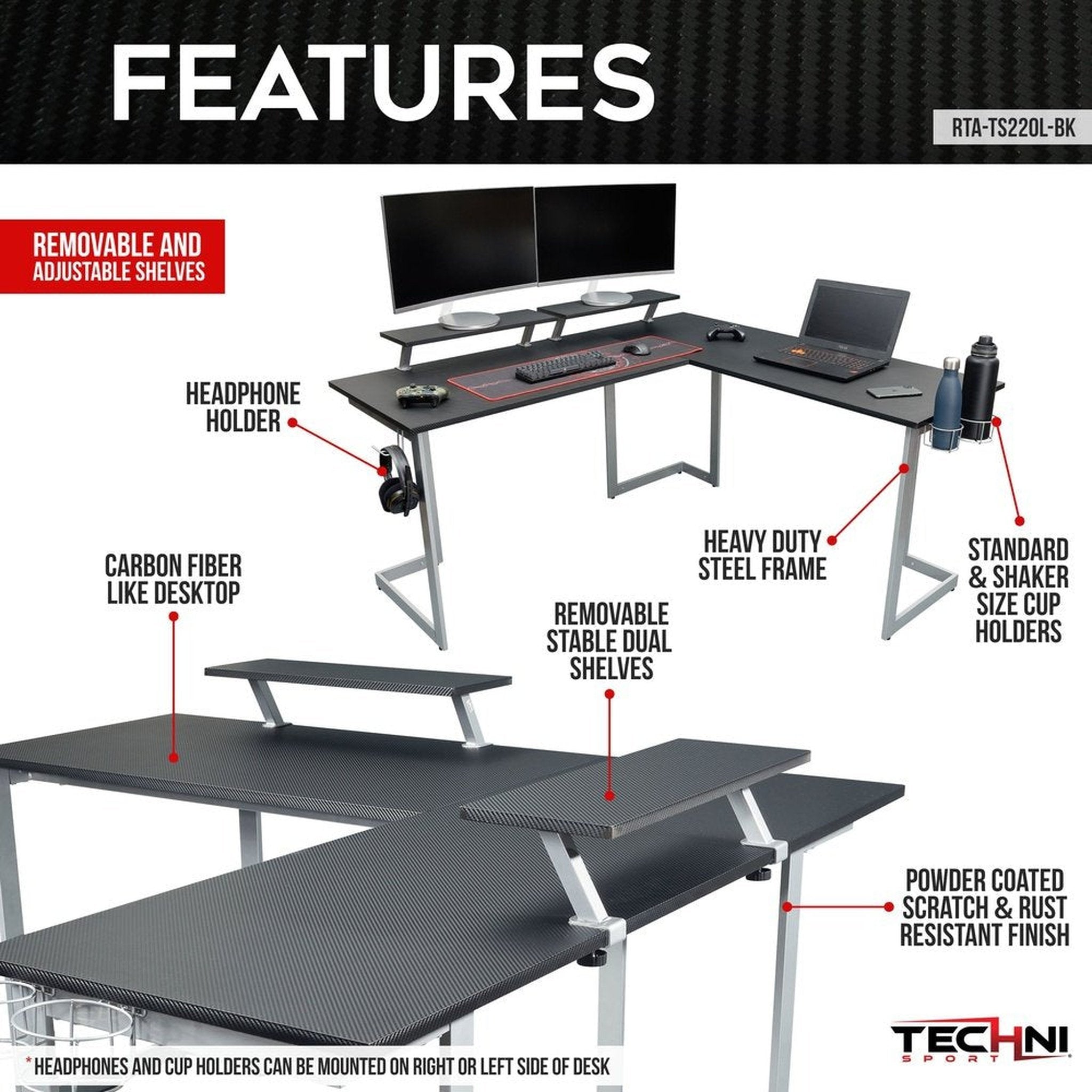 Techni Sport Warrior L-Shaped Gaming Desk, Black Techni Sport Gaming Desk