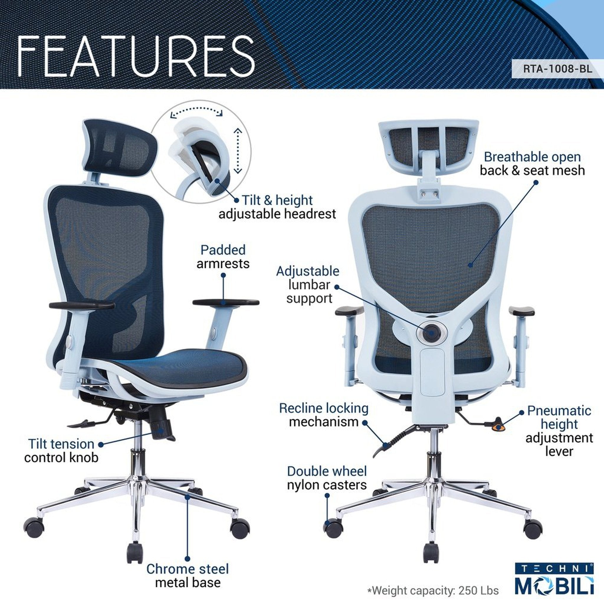 The Techni Mobili High Back Executive Mesh Office Chair with Arms, Headrest and Lumbar Support, Blue Techni Mobili Chairs