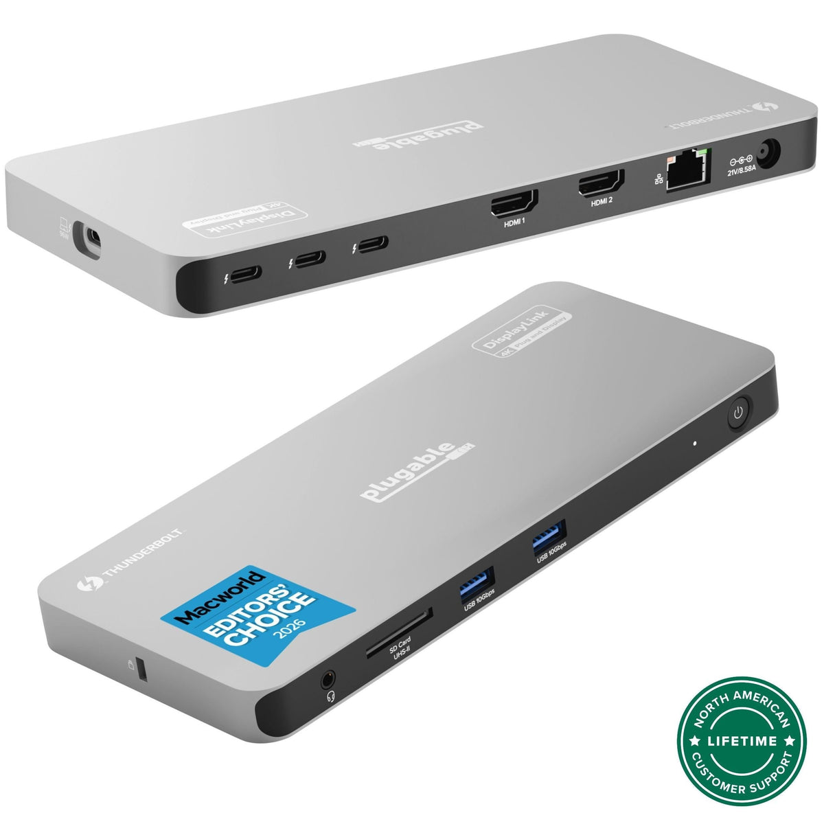 Plugable TBT-6950PD Thunderbolt 4 docking station, front and rear views