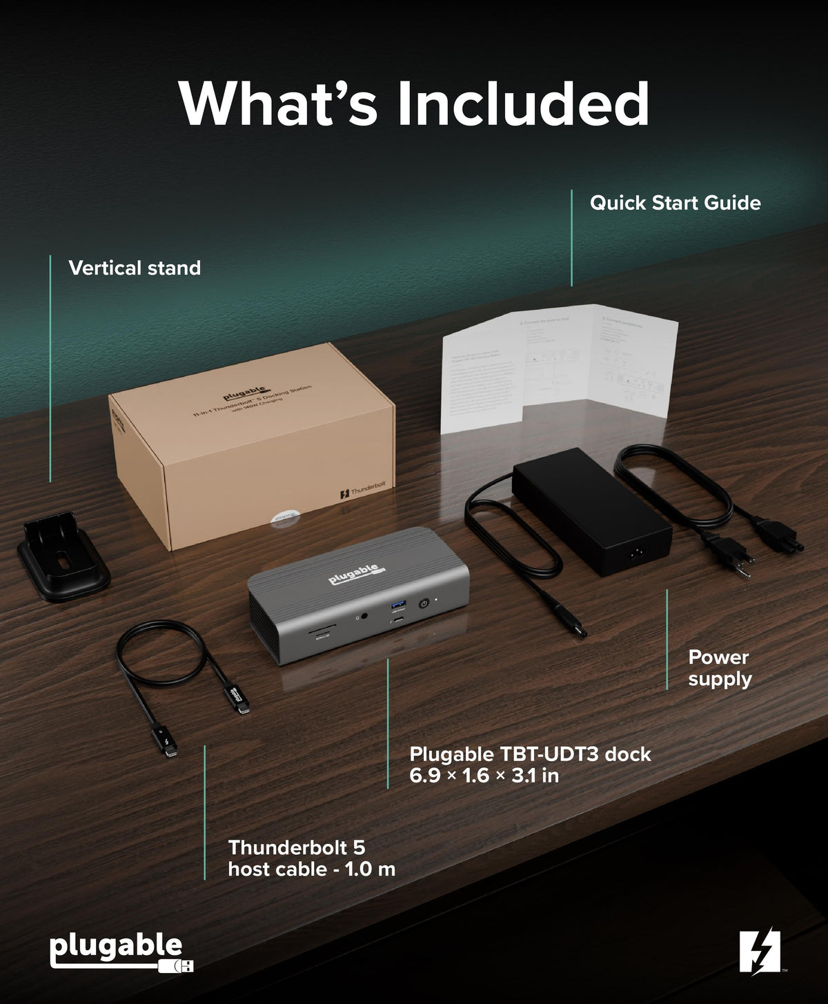 Plugable TBT-UDT3 dock with included stand, cable and power supply