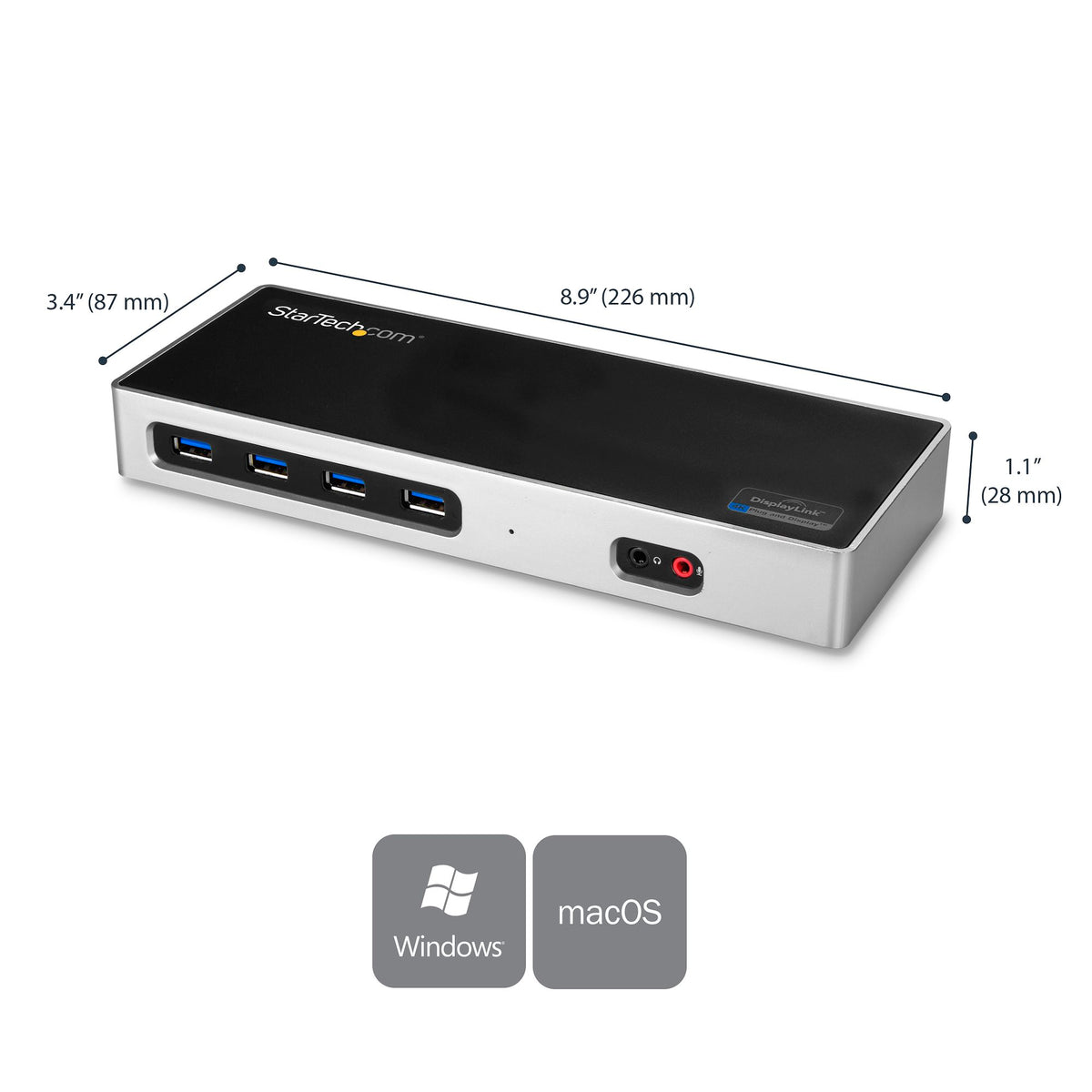 StarTech DK30A2DH dual-monitor dock angled front view with dimensions
