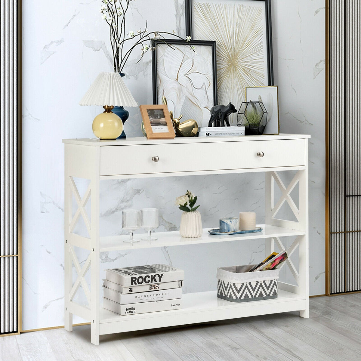 3-Tier Console Table with Drawers for Living Room Entryway-White ...