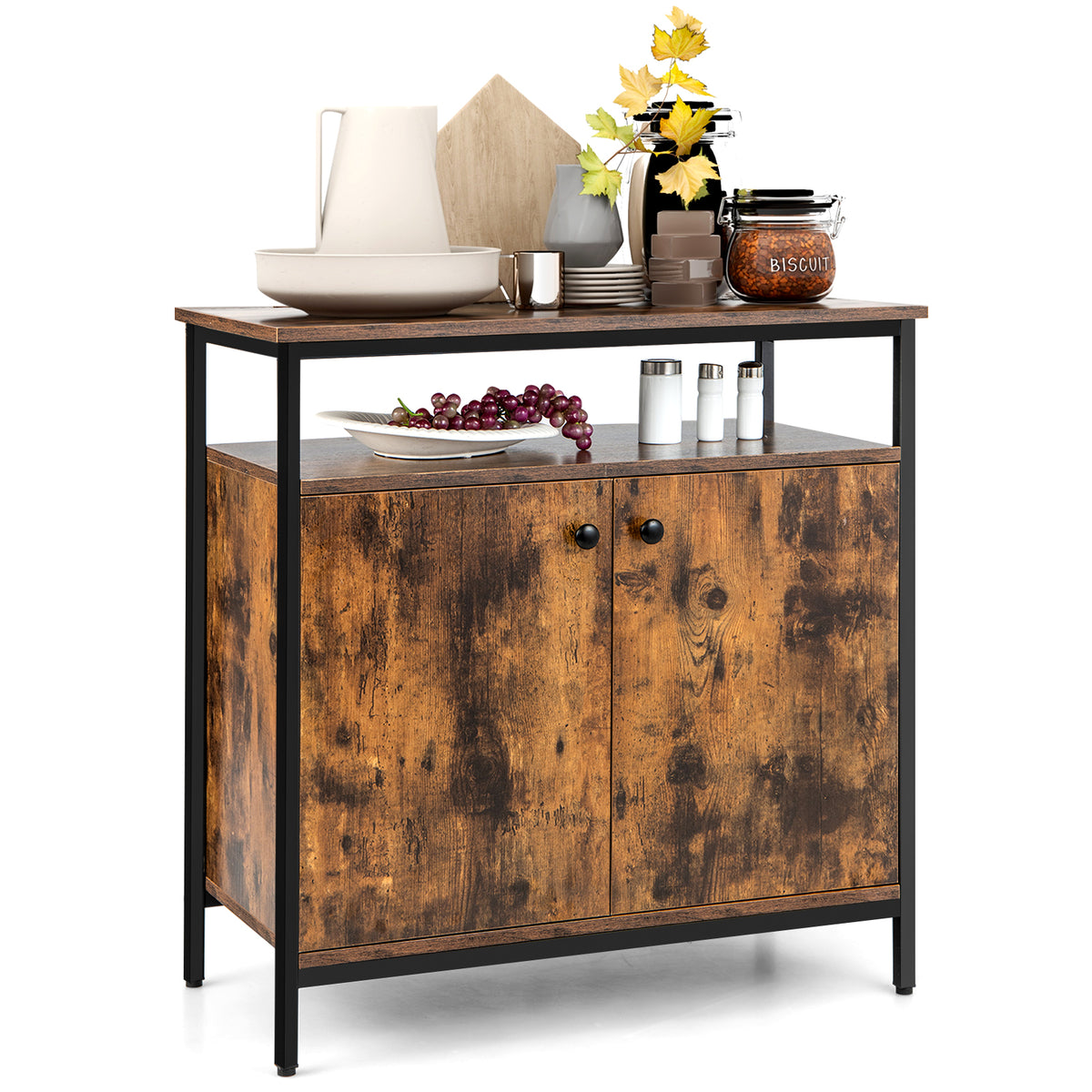 Buffet Computer Desk 2-Door Buffet Cabinet with Shelves and Cable Management Holes-Rustic B ...