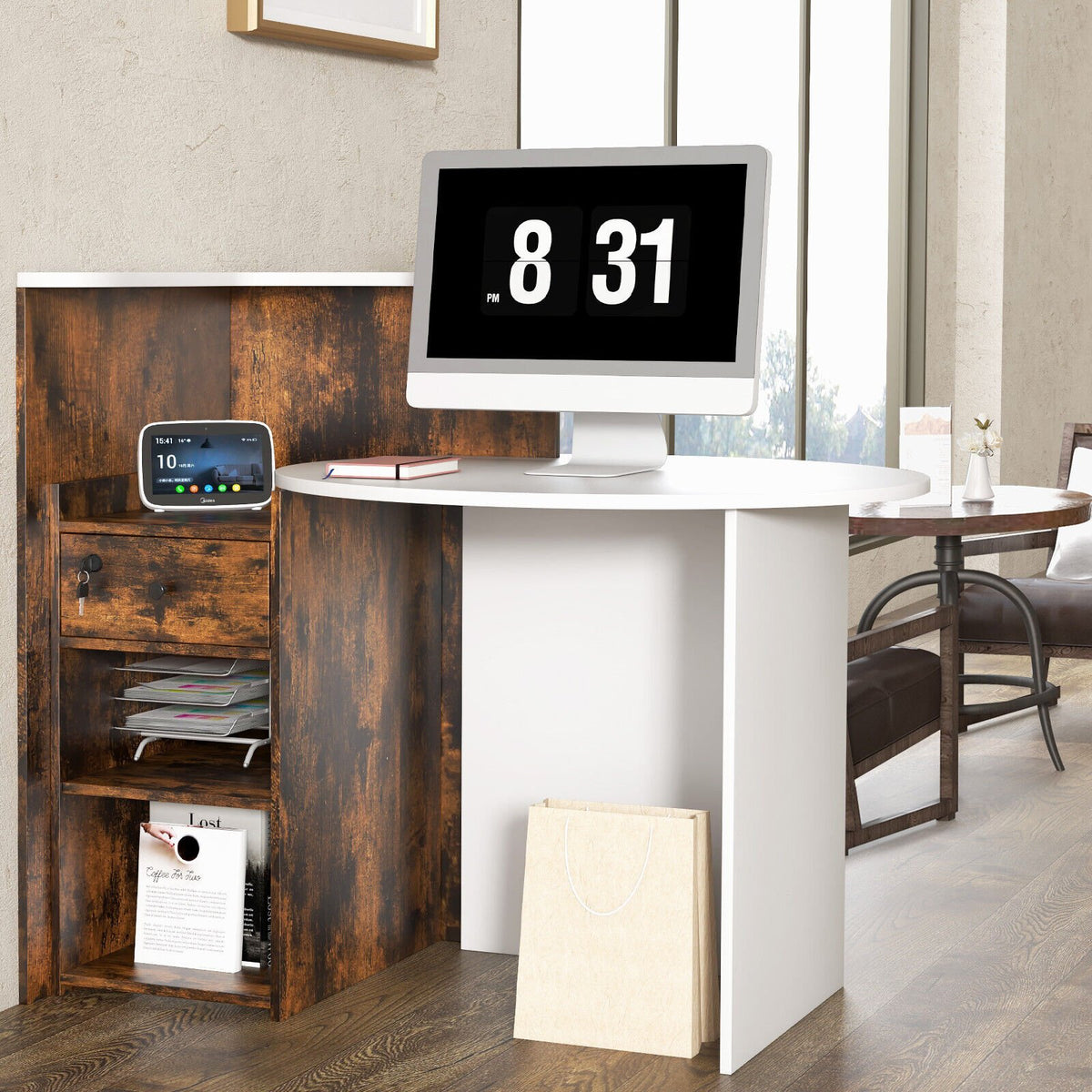 Front Reception Office Desk with Open Shelf and Lockable Drawer-Rustic ...