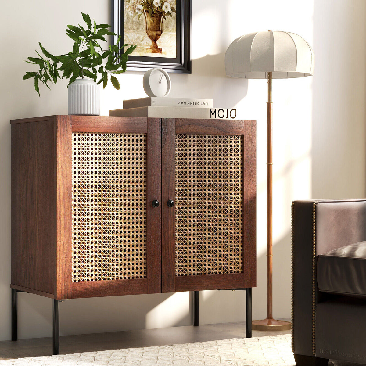 Kitchen Sideboard with 2 Rattan Doors and Adjustable Shelf-Walnut ...