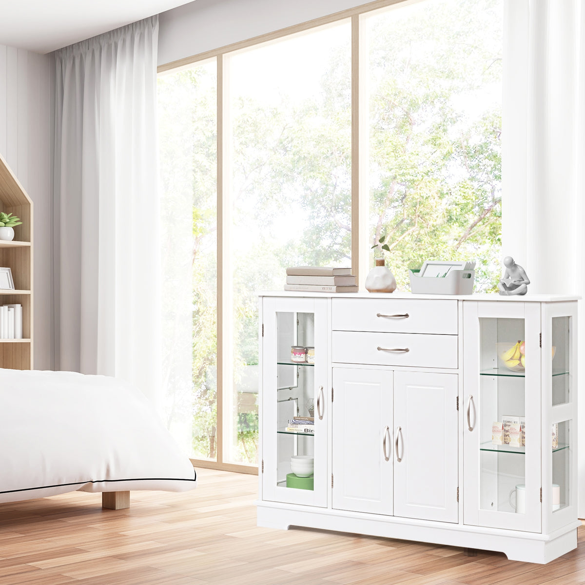 Buffet Computer Desk Sideboard Buffet Server Storage Cabinet with 2 Drawers and Glass Doors ...