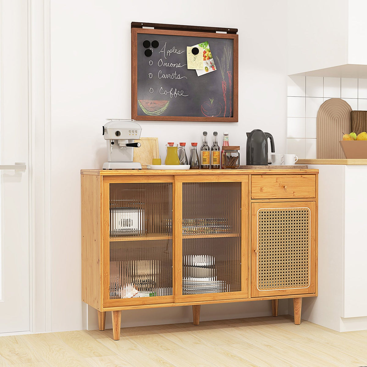 Buffet Computer Desk Modern Bamboo Buffet Sideboard Cabinet with Tempered Glass Sliding Doo ...