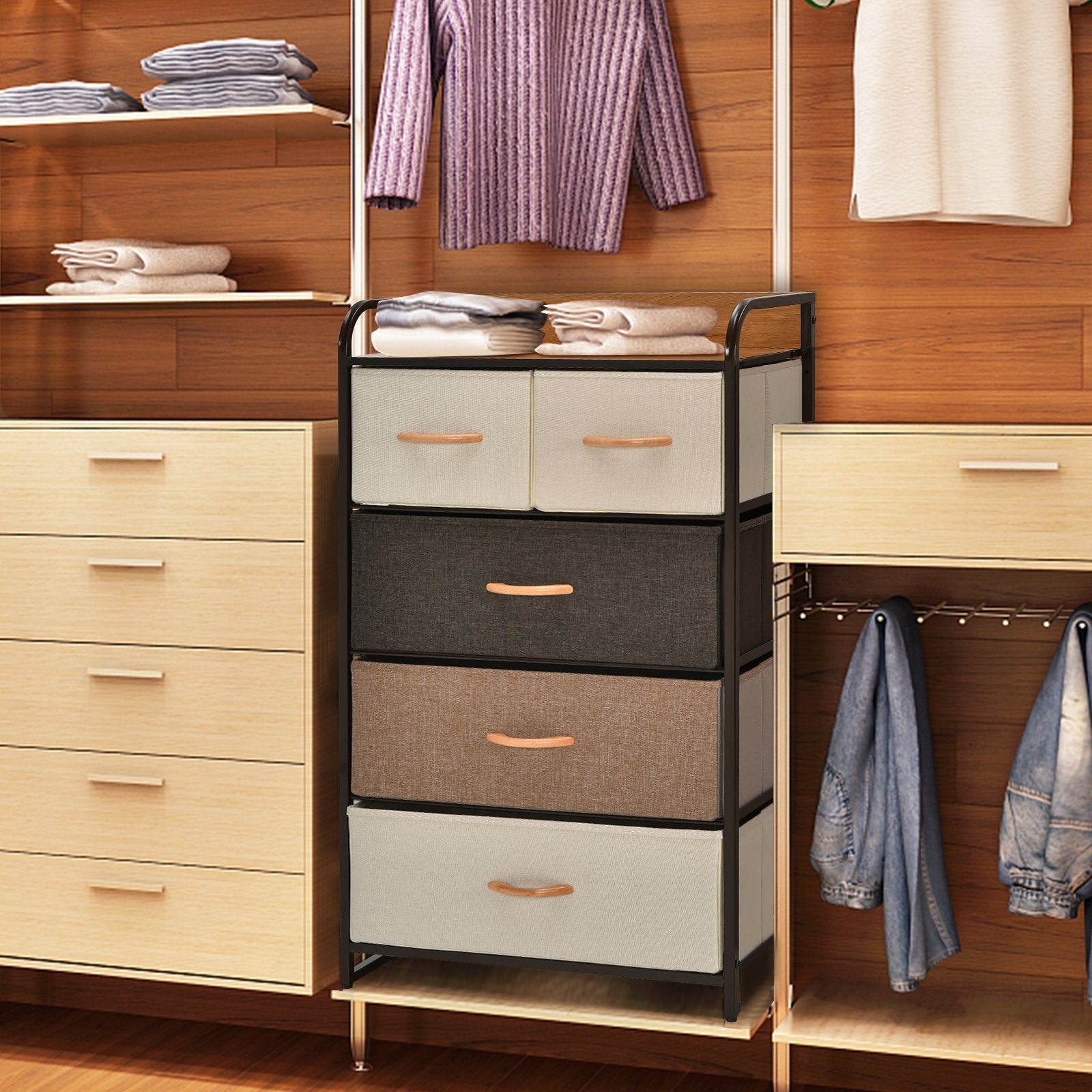4-Tier Organizer Tower Steel Frame Wooden Top Storage with 5-Drawer Dr Level Up Desks 4-Tier Organizer Tower Steel Frame Wooden Top Storage with 5-Drawer Dr Level Up Desks