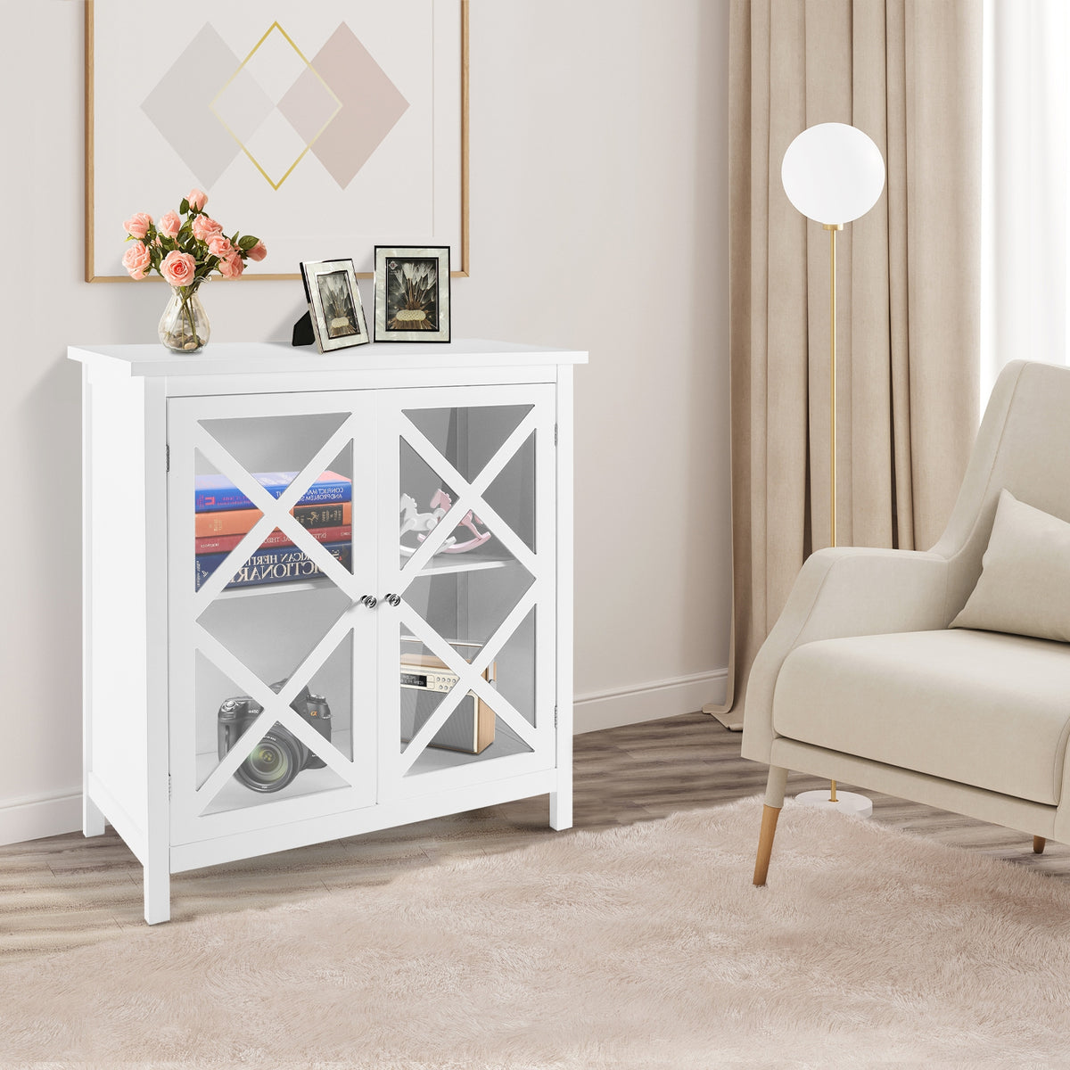 Buffet Computer Desk Freestanding Kitchen Buffet Cabinet with Glass Doors and Adjustable Sh ...