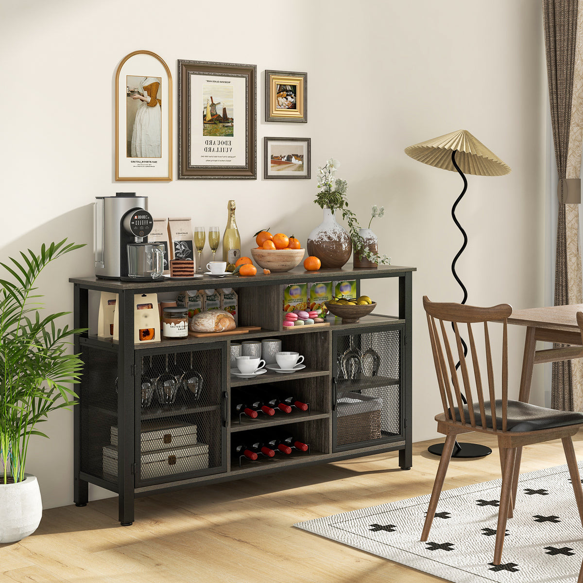Buffet Computer Desk 55-Inch Buffet Sideboard with 8-Bottle Wine Racks and Wine Glass Holde ...