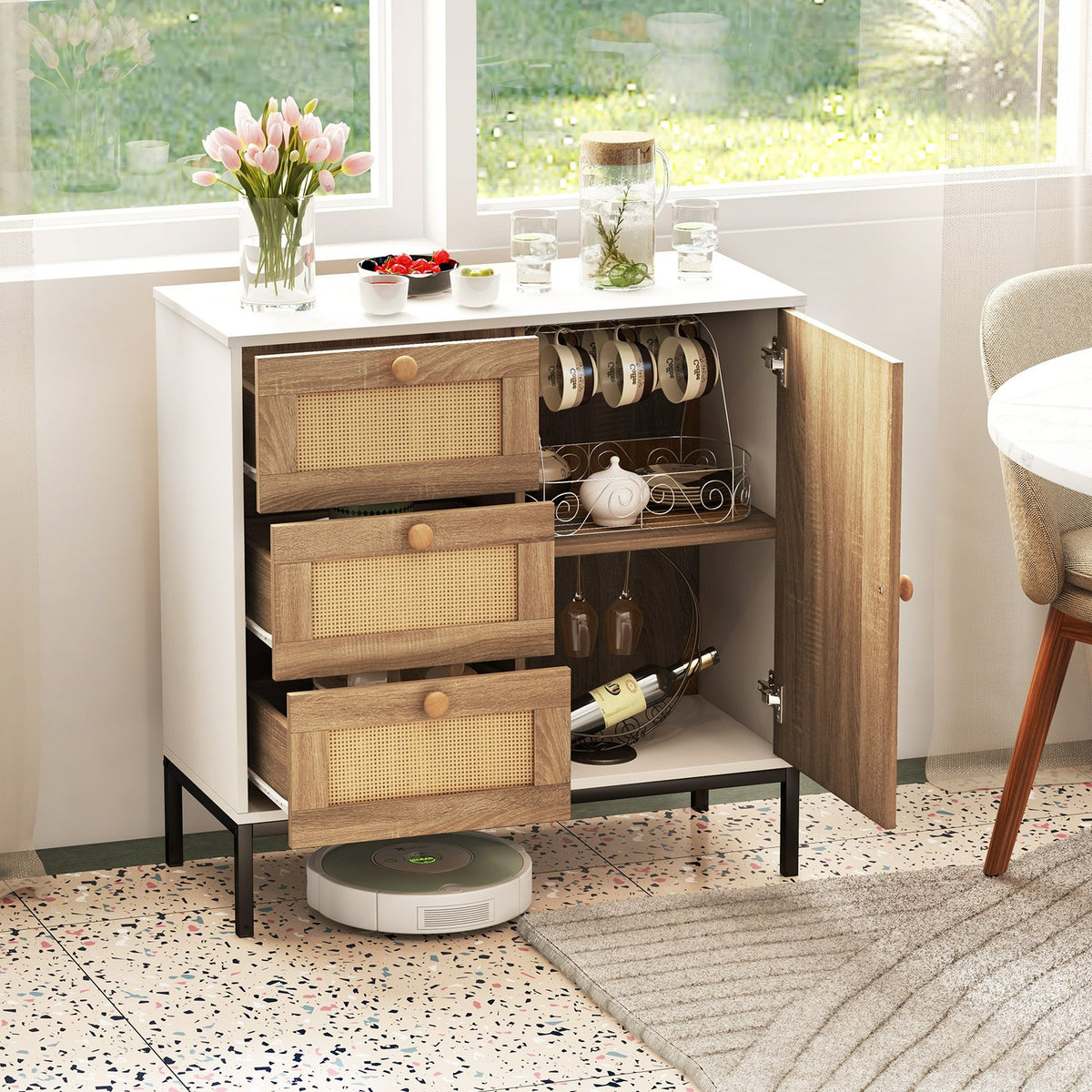 Buffet Computer Desk Rattan Sideboard Buffet Cabinet with 1 Door and 3 Drawers-White – Level ...