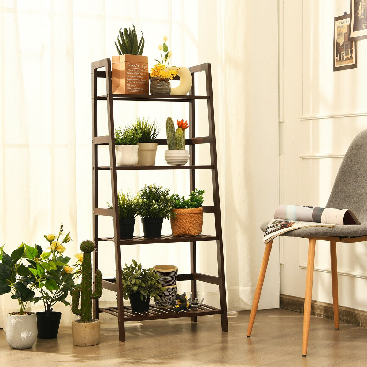 4-Tier Bamboo Plant Rack with Guardrails Stable and Space-Saving-Brown ...