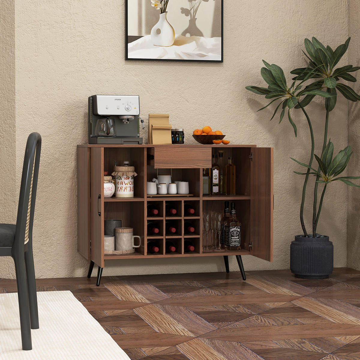 Buffet Computer Desk Mid-century Modern Buffet Sideboard Server Cabinet with 9-Bottle Wine ...