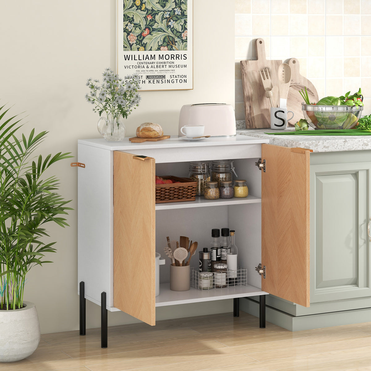 Buffet Computer Desk 2-Door Buffet Cabinet Sideboard with Shelf and Metal Legs-White-Natura ...